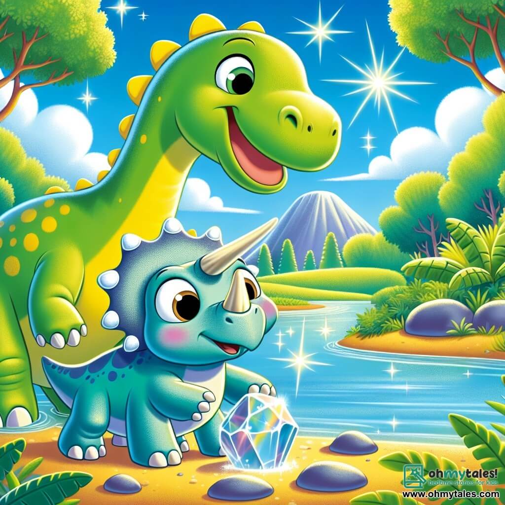 A diplodocus named Daisy, with green skin and yellow spots, happily stands by a sparkling river, her long neck stretching towards the sky. She has a big smile, her eyes sparkling with curiosity as she discovers a beautiful shiny pebble. Next to her, Tommy the triceratops, a young dinosaur with three horns and light blue skin, looks in wonder at the pebble, his round eyes filled with excitement. In the background, a bright blue sky is dotted with fluffy white clouds, and large trees with lush leaves surround the scene, creating a vibrant and colorful jungle atmosphere. The main focus shows Daisy and Tommy discovering the magical sparkling pebble together, ready to embark on an incredible adventure.
