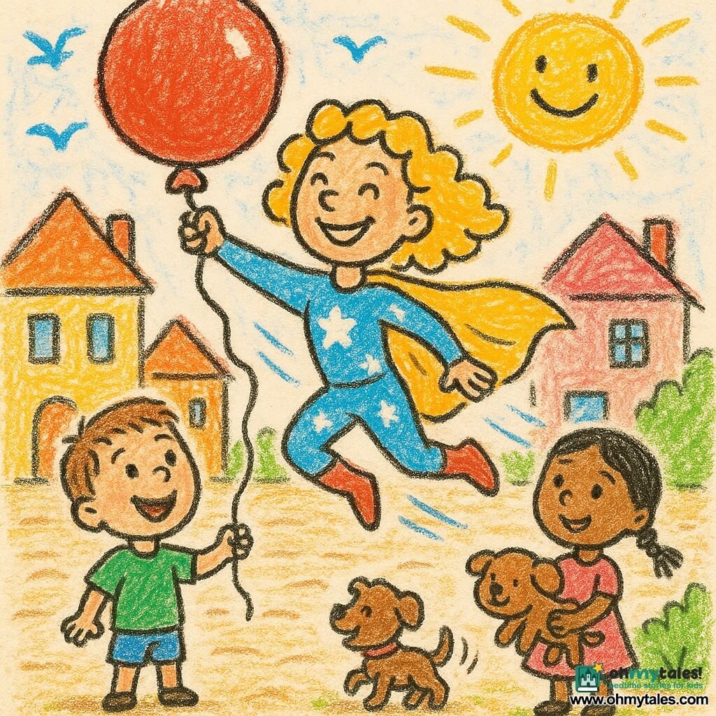 A smiling, confident blonde curly-haired superheroine in a shiny golden cape and light-blue starry costume leaps to catch a large red balloon with her right hand above a boy, Max (about 4, short brown hair, laughing eyes) who holds the string on the ground to her left, while a girl, Mia (about 5, braided black hair) in a pink dress holds a wagging brown puppy to her right near a green bush; sunny village square with beige cobbles, pastel houses, blue birds and a big smiling yellow sun; dynamic heroic action with simple speed lines, joyful expressions, bright contrasting colors and thick childlike strokes.