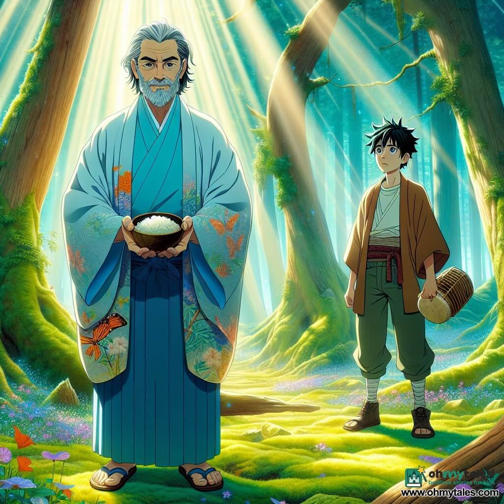 A man named Takumi, in his fifties with gray hair and a neat beard, stands at the center of the scene, his eyes shining with determination and gentleness. He wears a light blue cotton kimono embroidered with floral patterns and holds a small bowl of rice in his hands, ready to offer it. Next to him is a young man named Haruto, about 25 years old, with messy black hair and a worried expression, observing Takumi with curiosity. He is dressed in a brown travel coat, with his hands resting on a wooden drum, ready to play. The scene takes place in an enchanted clearing in the heart of a Japanese forest, surrounded by tall trees with gnarled trunks and vibrant green leaves. Sunlight filters through the foliage, creating bright patterns on the soft moss-covered ground and small wildflowers. Takumi, with deep gratitude, prepares to soothe the spirit of the forest, while Haruto, hesitant, stands back, watching the crucial moment when the connection between man and nature is formed.