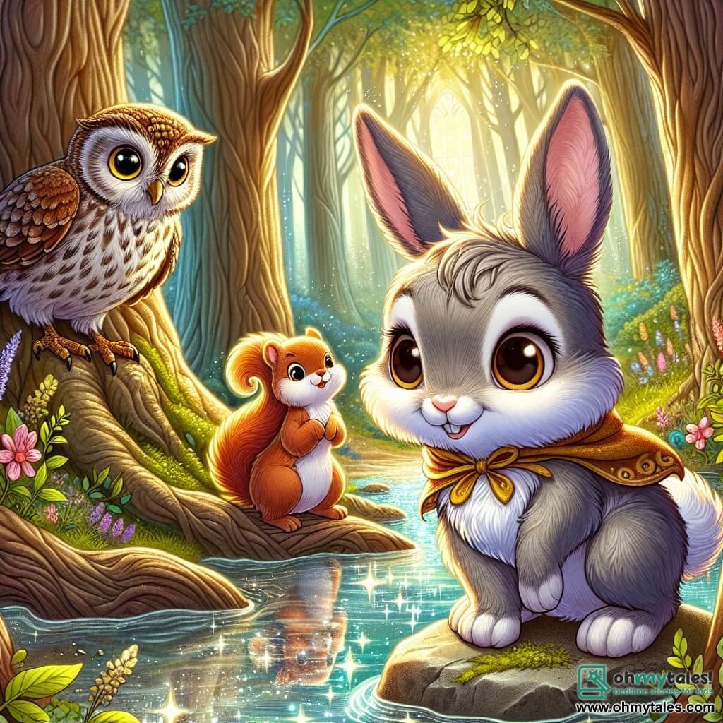 An illustration depicts a small bunny with soft, velvety fur, large curious eyes, and a determined smile. She stands on a stone by a sparkling stream, ready to venture into the enchanted forest. Nearby, a young squirrel with reddish fur and sparkling eyes watches the bunny with a mix of excitement and concern, its little paws tucked against its body. A wise owl perched on a branch, with brown and golden feathers, observes the scene encouragingly, its eyes shining with wisdom and pride. The main setting is a magical clearing surrounded by tall, gnarled trees with shimmering leaves, where colorful flowers dance in the wind. A crystal-clear stream winds through the clearing, reflecting sunlight and creating a fairy-tale atmosphere. The main situation shows the brave bunny ready to cross the stream to begin her quest, while the other characters encourage her with supportive and hopeful expressions. Additional graphic elements include colorful butterflies fluttering around the bunny, sun rays filtering through the tree branches, and a light magical mist hovering above the ground, adding a touch of enchantment to the scene.