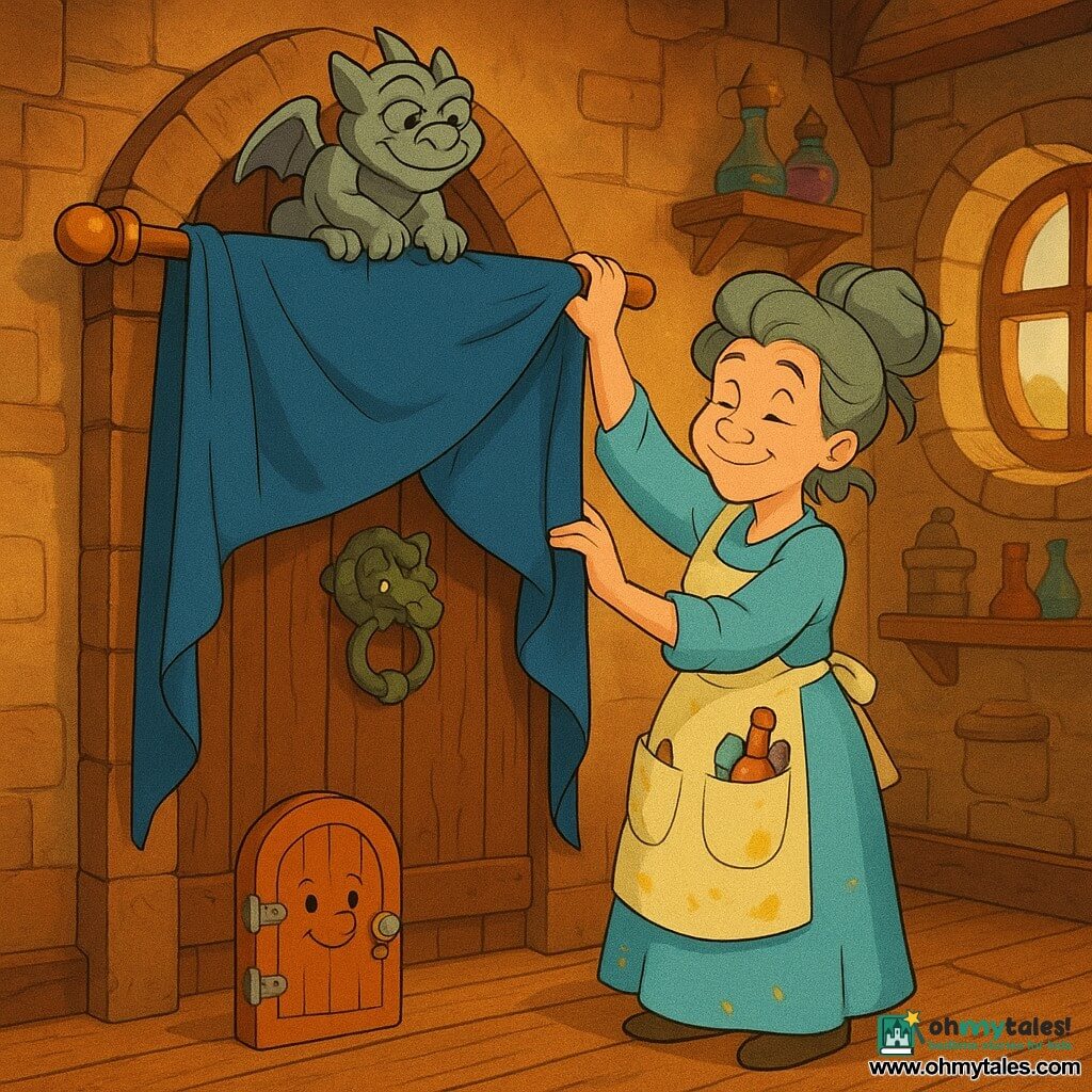 A gentle, laughing witch named Willow with gray-green hair in a messy bun, wearing a sky-blue lemon-stained dress and a pocketed apron, calmly hangs a heavy draft-curtain across an oak door, delicate hands on the rod; atop the rod sits Mister Pebbles, a polished-stone gargoyle with carved thick brows, helping secure anchors; at the door's base a tiny animated Doorlet with shiny hinges proudly plugs the gap; the large wooden door with a dragon knocker stands slightly ajar and gruffly content; setting: the warm wooden interior of a tall twisted tower with striped floors, stone walls lined with small shelves, round windows letting golden light and windswept moor herbs in; cozy, whimsical, enchanted scene centered on hanging the curtain.