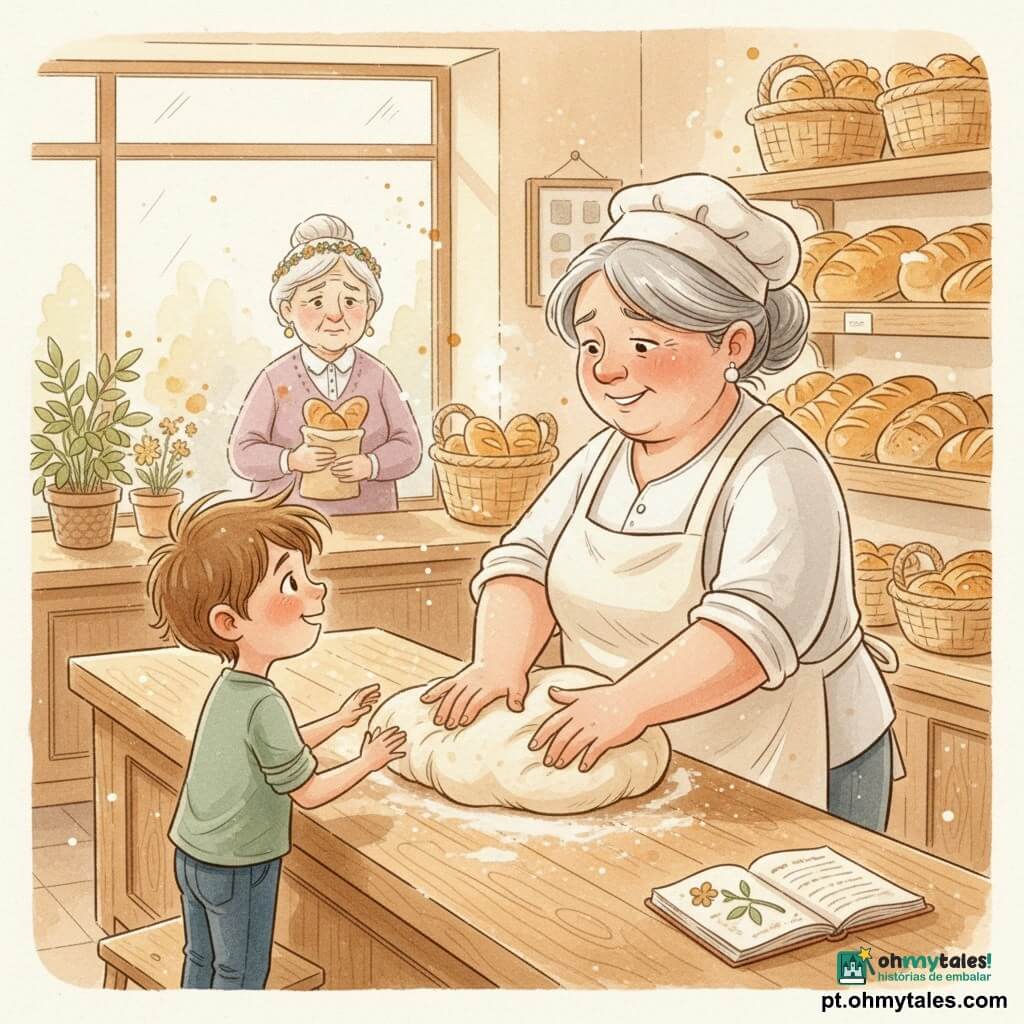 Uma mulher padeira sorridente e afável, rosto arredondado, cabelos grisalhos presos em coque, mãos enfarinhadas sovando uma grande bola de massa sobre uma tábua de madeira; ela usa avental creme levemente manchado e uma toque branca, expressão calorosa e concentrada; à esquerda, um menino de 9 anos (Pedro), cabelos castanhos despenteados e olhos curiosos, sobe num banquinho e toca a massa com a ponta dos dedos, maravilhado; ao fundo, uma cliente idosa de cabelos brancos em coroa observa com nostalgia, segurando um saquinho de pão; interior de uma pequena padaria ensolarada com balcão de madeira, farinha polvilhada, vitrine embaçada, prateleiras com pães dourados, cestos de vime, plantas no parapeito e um livro de receitas aberto com uma flor prensada; cena principal: a padeira sovando ao ritmo de uma canção enquanto o menino aprende tocando, luz dourada da manhã e sombras longas, leve sugestão de farinha no ar e vapor do forno em aquarela delicada, paleta de tons quentes (ocre, caramelo, creme, verde-sálvia) e traços finos com texturas granulosas para a madeira e a crosta do pão.