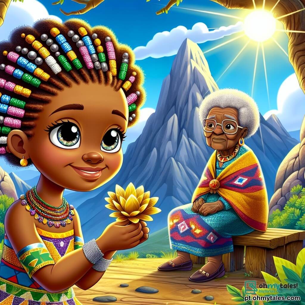 Em primeiro plano, Zuri, uma jovem africana de 10 anos, se apresenta com determinação. Seus olhos brilham como estrelas e seu sorriso ilumina seu rosto. Seu cabelo está trançado com contas coloridas, e ela usa um vestido tradicional com padrões vibrantes, refletindo a cultura de sua aldeia. Ela segura delicadamente uma linda flor de pétalas douradas, símbolo de cura, enquanto olha para o céu com esperança. Ao seu lado, Nyota, a avó de Zuri, com cerca de 70 anos, está sentada em um banco de madeira. Seu cabelo é grisalho e encaracolado, e seu rosto é marcado por rugas que contam histórias de sabedoria. Ela usa um pano colorido e um colar de contas, com um olhar cheio de gratidão e amor, observando sua neta com orgulho. O cenário está no topo da Montanha do Espírito, cercado por rochas majestosas e vegetação exuberante. O céu é de um azul brilhante, com nuvens brancas e fofas, e o sol brilha intensamente, criando uma atmosfera calorosa e mágica. A cena principal mostra Zuri, com a flor de cura na mão, pronta para entregá-la à avó Nyota, que espera com esperança. Este momento ilustra a conexão e o amor familiar, simbolizando a força da comunidade e a magia das tradições africanas.