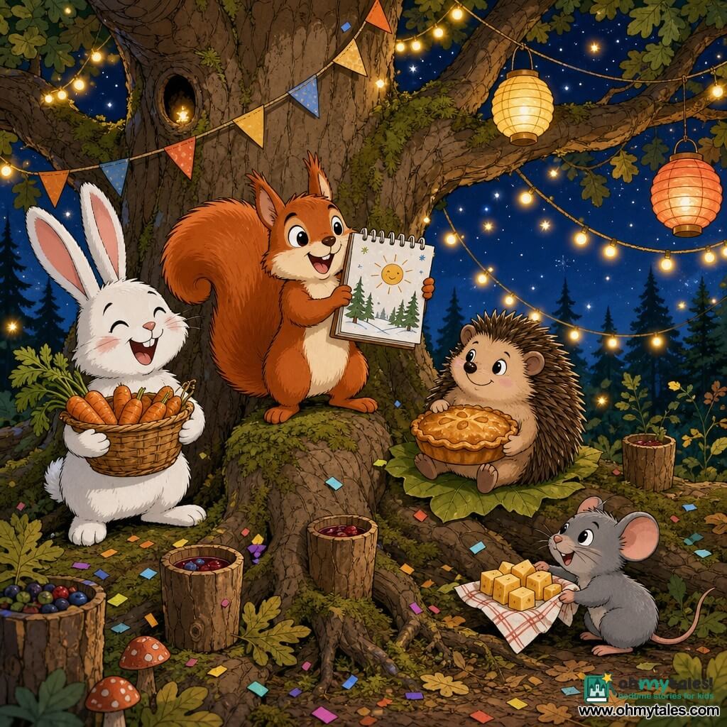 Sammy, a small red squirrel with soft fur and a bushy tail, smiles broadly holding a hand-drawn calendar while standing on a large oak root; Benny, a white rabbit with long ears and pink cheeks, laughs holding a basket of fresh carrots near the trunk to the left; Lila, a small brown hedgehog with rounded quills, sits on a leaf beside Sammy with a shy smile holding a golden apple pie; Molly, a tiny grey mouse with bright eyes, crouches at the base of the tree on the right presenting cheese cubes on a napkin. They are beneath a big oak in a forest with visible roots and green moss, glowing firefly garlands between branches, a dark blue starry sky and paper lanterns, celebrating a warm New Year party with friends under golden lights, bark cups of berry juice, laughter, simple bunting and confetti around the trunk.