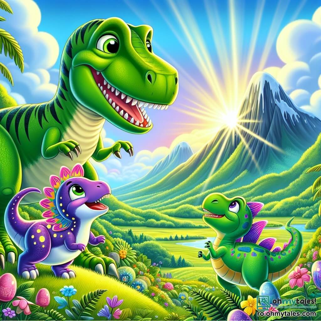 Un tânăr Tyrannosaurus Rex, cu o piele verde strălucitoare și ochi plini de curiozitate, stă pe vârful unei coline, admirând un peisaj minunat. Are un zâmbet larg pe față, arătându-și entuziasmul pentru aventură. Lângă el, o dinozaură veselă numită Lila, cu solzi violeți și pete roz, sare de bucurie, ochii ei strălucind de excitație. Un pic mai departe, Rex, un stegosaurus cu spini colorați, observă admirativ, solzii săi verzi strălucind sub soare. Decorul este o vale verde, cu munți măreți în fundal și un cer albastru deschis presărat cu nori albi pufoși. Flori colorate și ferigi luxuriante îi înconjoară pe cei trei prieteni, adăugând o notă de magie scenei. Situația principală arată cum Tiri, Lila și Rex descoperă o piatră strălucitoare care emite o lumină magică, simbolizând noua lor aventură împreună.