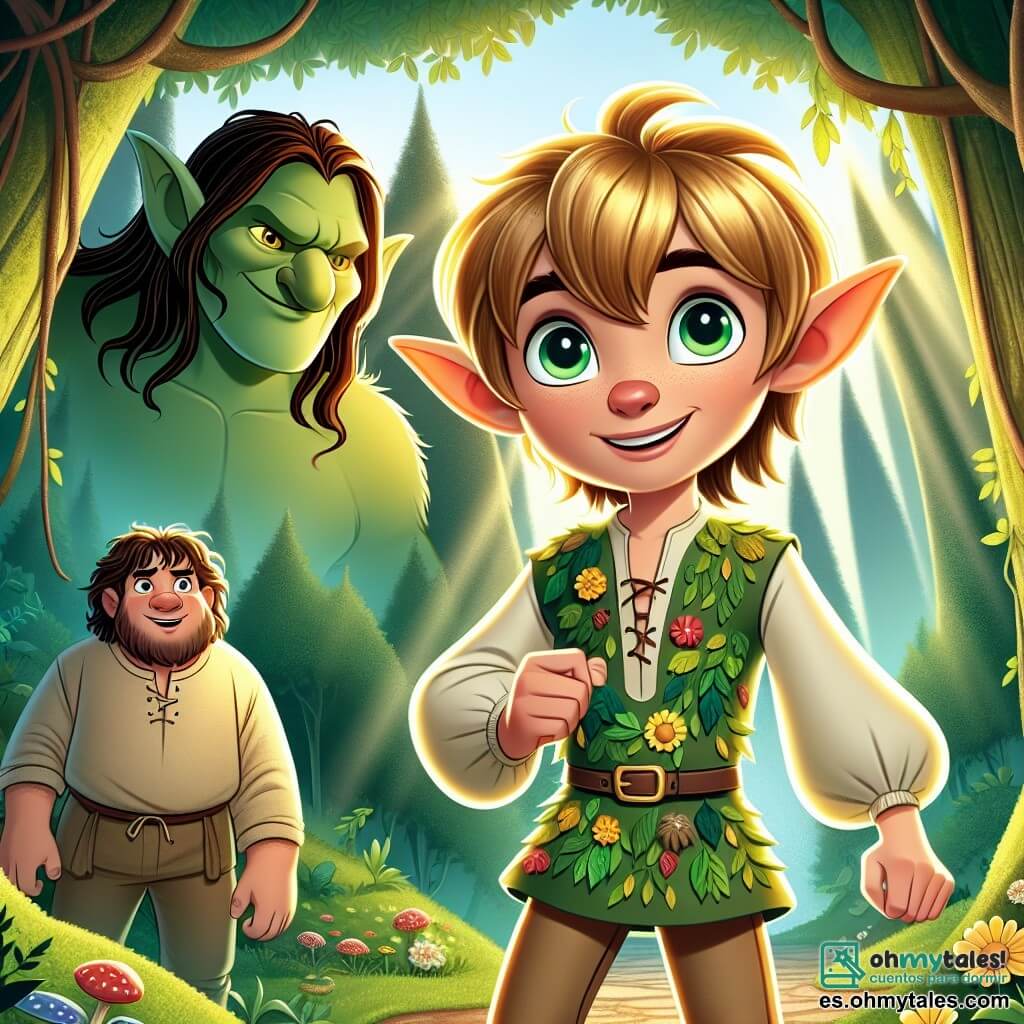 Un elfo ágil, llamado Elenor, está en el centro de la escena, con orejas puntiagudas y ojos verdes llenos de curiosidad. Tiene el cabello dorado que brilla como rayos de sol y lleva una túnica de hojas y flores coloridas. Su expresión es decidida mientras apunta con el dedo a una sombra misteriosa en el bosque. A su lado, un niño de diez años, Lio, con cabello castaño desordenado y ojos brillantes de emoción, mira la sombra con valentía. Lleva una camisa simple y pantalones de tela, y sostiene un pequeño ramo de flores en sus manos. Detrás de ellos, un troll de gran tamaño, con piel verde y una gran nariz, se inclina hacia adelante, intrigado por la escena. Su rostro muestra sorpresa y esperanza mientras observa al elfo y al niño. El lugar es el Bosque de los Susurros, un sitio encantador lleno de árboles majestuosos y flores brillantes que parecen sonreír. Rayos de sol filtran a través del follaje, creando patrones de luz sobre el suelo cubierto de musgo. La situación principal muestra a Elenor, Lio y el troll unidos en una búsqueda para descubrir la fuente de la sombra misteriosa que amenaza su bosque mágico, simbolizando la amistad y el valor ante lo desconocido.