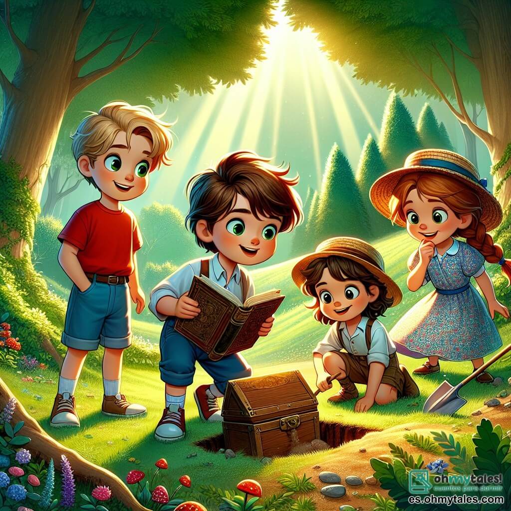 En un claro de un bosque mágico, cuatro amigos están juntos, listos para la aventura. Lucas, un niño de 10 años con cabello castaño y ojos brillantes, lleva una camiseta roja y un short azul, sosteniendo un viejo libro. A su lado, Sofía, una niña de 9 años con trenzas rubias y un vestido de flores, mira el libro con curiosidad. Tomás, un niño de 10 años con cabello rizado y gafas redondas, está agachado, buscando en el suelo con una pala de plástico. Por último, Ana, una niña de 9 años con cabello castaño y un sombrero de paja, sonríe sosteniendo una caja de madera que acaban de desenterrar. El lugar es un claro verde, rodeado de árboles majestuosos con hojas de un verde brillante, con rayos de sol que filtran a través de las ramas, iluminando el suelo lleno de flores de colores y pequeñas piedras brillantes. La escena principal muestra a los amigos descubriendo un tesoro enterrado bajo un gran árbol, con expresiones de sorpresa y emoción en sus rostros, mientras abren una vieja caja de madera llena de canicas de colores y un misterioso diario.