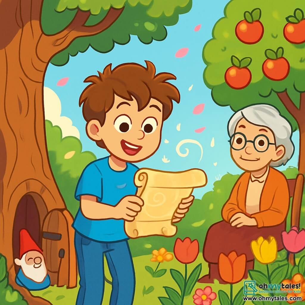 A 12-year-old boy, Ethan, with tousled brown hair and sparkling curious eyes, stands in the center of an enchanting garden. He wears a bright blue t-shirt and jeans, with a look of wonder on his face as he discovers a small secret door at the base of an old oak tree. Nearby, his grandmother Hazel, an elderly woman with silver hair and round glasses, watches with a kindly smile, sitting on a wooden chair surrounded by colorful flowers. The garden is filled with vibrant tulips, smiling gnomes, and a large apple tree with shiny red apples glistening in the sun. The main scene shows Ethan, wide-eyed, reading an old scroll of magical paper that has just emerged from the secret door, while a gentle breeze makes the petals dance around him.