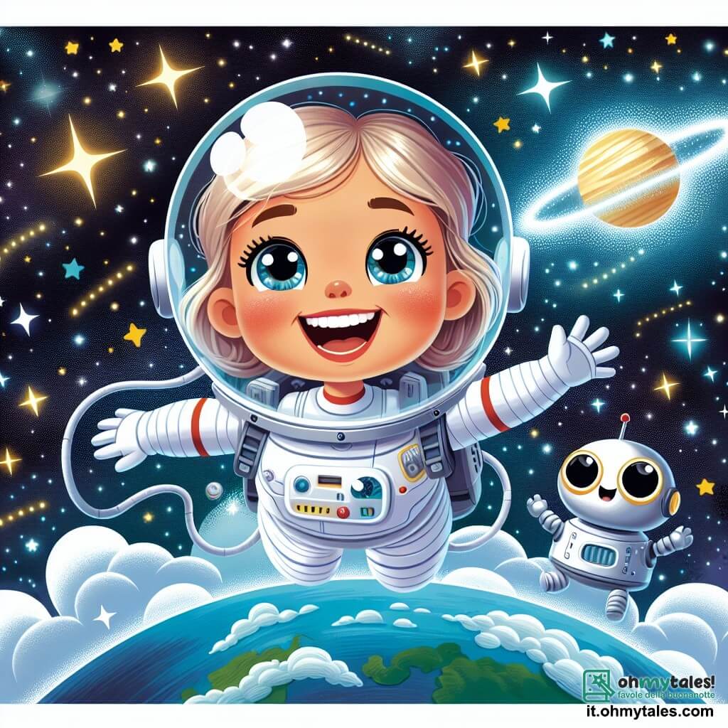 Un'astronauta di nome Giulia fluttua felicemente nello spazio, con un grande sorriso sul volto. La sua tuta spaziale bianca brilla sotto le stelle e il suo casco trasparente rivela i suoi occhi scintillanti di eccitazione. Accanto a lei, un piccolo robot amichevole, con occhi rotondi e un corpo argentato, la accompagna fluttuando, pronto ad aiutarla nelle sue scoperte. Lo sfondo è un vasto spazio nero punteggiato di stelle scintillanti e una brillante pianeta blu in lontananza, con nuvole bianche vaporose che danzano attorno a lei. Giulia esplora questo nuovo mondo, incantata dalla bellezza delle stelle e dalla magia dell'universo che la circonda.