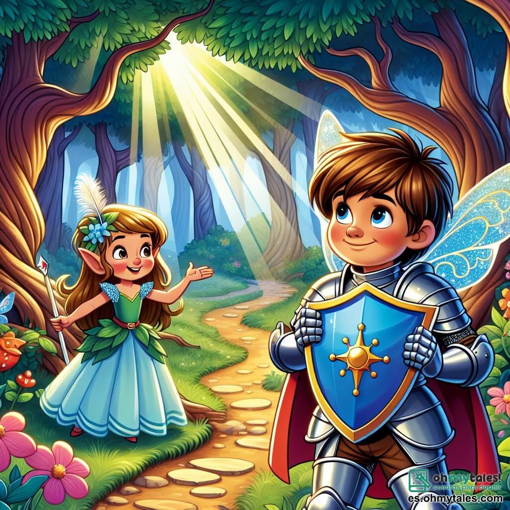 Un valiente caballero, Don Nicolás, se encuentra al borde de un camino forestal, con una armadura brillante y una gran sonrisa decidida en su rostro. Sus cabellos castaños flotan ligeramente con el viento, y su escudo azul brilla bajo los rayos del sol. A su lado, una pequeña hada de alas brillantes, de unos 10 años, lo anima con una mirada llena de entusiasmo, señalando un sendero misterioso. El escenario es un bosque encantado, con altos árboles de troncos retorcidos, flores coloridas en el suelo y rayos de luz que se filtran a través de las hojas. La situación principal muestra a Don Nicolás listo para elegir su camino, dudando entre el puente de piedra, el arroyo brillante y la colina misteriosa, mientras el hada lo observa con curiosidad, ansiosa por descubrir el siguiente paso de la aventura.