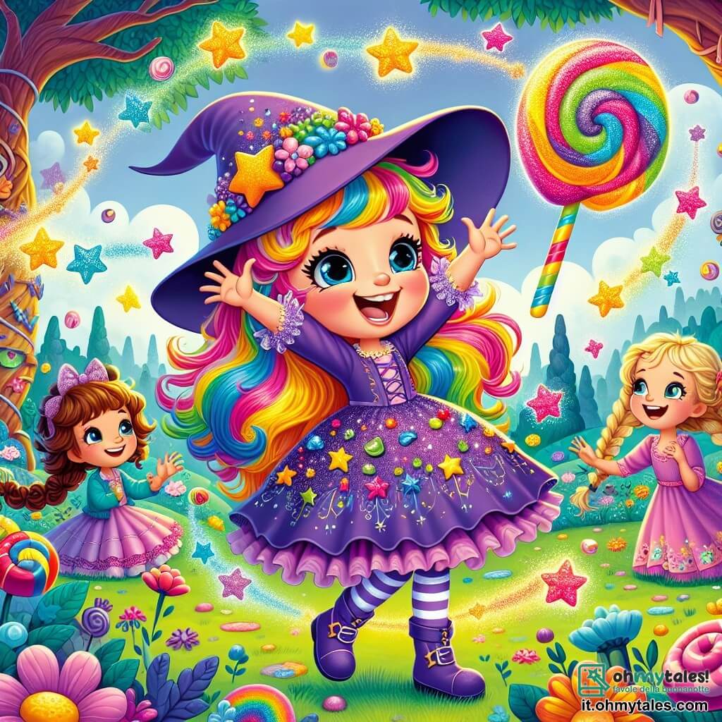 Una piccola apprendista strega, Lella, di cinque anni, con capelli colorati arcobaleno e un grande sorriso gioioso, si trova al centro dell'immagine. Indossa un vestito viola decorato con stelle scintillanti e un cappello a punta leggermente storto. Lella salta con entusiasmo, le braccia alzate, circondata da una pioggia di glitter magici. Alla sua destra, Gino, un ragazzo di sei anni con capelli castani disordinati e occhi scintillanti, tiene una grande leccornia a forma di bacchetta magica, ridendo mentre guarda Lella, in piedi su una pila di foglie colorate. A sinistra, Mia, una bambina di cinque anni con capelli biondi intrecciati e un vestito blu, alza le braccia al cielo, meravigliata dalla magia che si svolge attorno a loro. Lo sfondo è un giardino incantato, pieno di fiori multicolori, alberi dai tronchi attorcigliati e nuvole a forma di caramelle che fluttuano in un cielo blu brillante. In lontananza si intravede la silhouette della "Scuola dei Maghi Brillanti", un edificio magico con torri scintillanti. La scena principale mostra Lella mentre cerca di far volare il suo cappello da strega, ma è caduto sul naso di un grande mago, Rufus, che li osserva con un sorriso divertito. I bambini ridono insieme, creando un'atmosfera gioiosa e piena di magia.