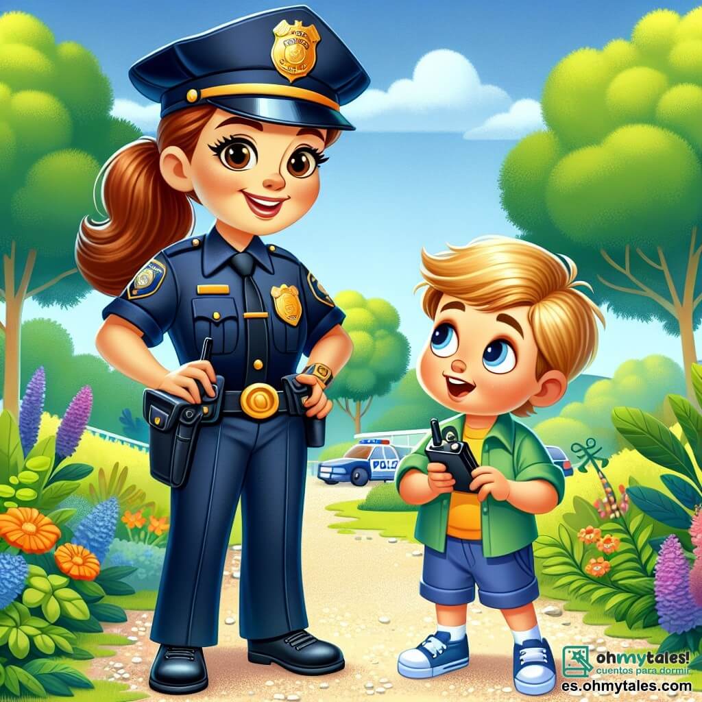 Una mujer policía sonriente, con una gorra azul y un uniforme brillante, se encuentra orgullosamente en el centro de la imagen. Tiene el cabello castaño recogido en una coleta y una expresión amigable. A su lado, un niño de 6 años, con cabello rubio y ojos brillantes, observa con curiosidad, sosteniendo un pequeño cuaderno en sus manos. Están en un parque soleado, rodeados de árboles verdes y flores coloridas, con un camino de grava que serpentea por el paisaje. La policía muestra su radio y le explica su trabajo al niño, que escucha atentamente, con los ojos abiertos de asombro.