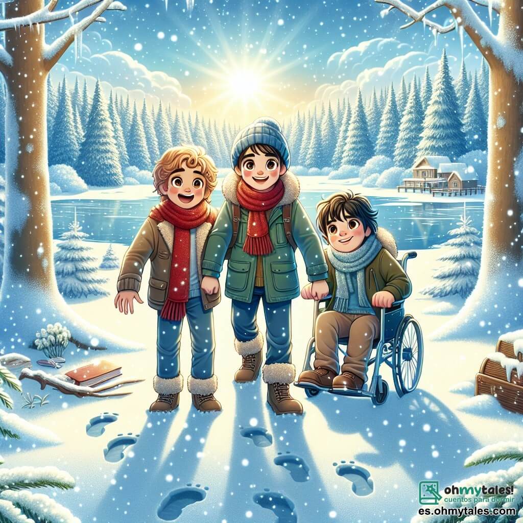 En un claro de bosque nevado, tres amigos están juntos. Jaime, un niño de 10 años con cabello rizado y ojos brillantes, está en el centro, sonriendo con entusiasmo. A su izquierda, Marcos, un niño de 9 años con una bufanda roja, observa con curiosidad las huellas en la nieve. A la derecha, Sergio, un niño de 10 años en silla de ruedas, mira asombrado, con los ojos llenos de alegría. El paisaje es un hermoso escenario invernal: árboles majestuosos cubiertos de nieve brillante, un cielo azul claro con nubes blancas esponjosas y un suelo inmaculado donde los copos de nieve caen suavemente. Los amigos descubren huellas misteriosas en la nieve, pareciendo danzar alrededor de un árbol. Están en plena exploración, tratando de entender si estas huellas pertenecen a las criaturas mágicas de las que les habló su abuela, llenos de emoción y curiosidad.