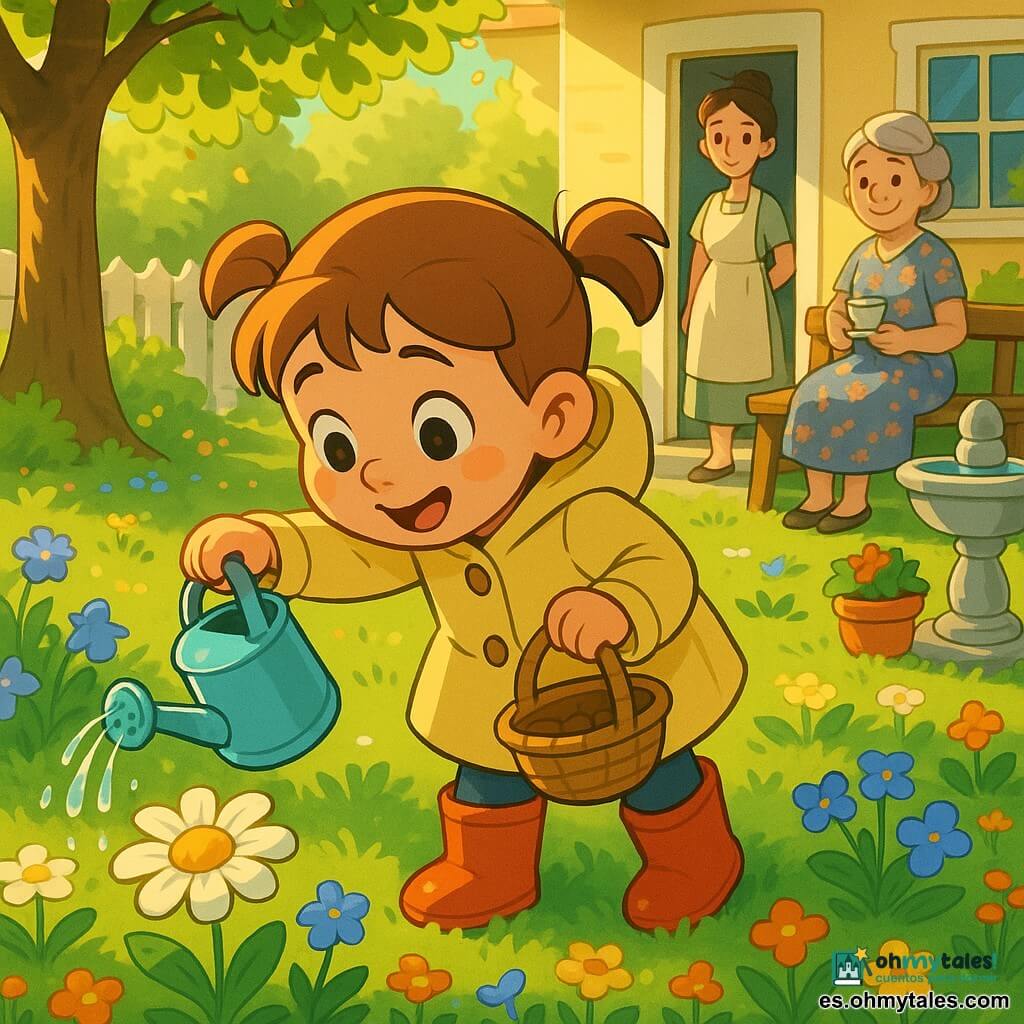 Una niña de 4 años, alegre y maravillada, con coletas castañas claras, ojos brillantes y hoyuelos, lleva un abrigo amarillo pálido, botas de goma rojas y una pequeña cesta de mimbre; se inclina para contar flores y riega suavemente con una regadera azul cielo cuyas gotas brillan al sol; detrás, la madre (unos 30 años) sonríe desde la puerta con el pelo recogido y un delantal ligero, y una abuela (unos 65 años) observa con ternura sentada en un banco junto a una fuente, con vestido de flores y una taza de té; el jardín primaveral tiene césped cubierto de rocío, parterres multicolores (margaritas blancas, campanillas azules, pequeñas flores rojas y naranjas), un viejo árbol de hojas tiernas, una valla blanca y una fuente de piedra junto a una maceta roja; la niña está en el centro inclinada sobre una margarita, con luz matinal dorada filtrándose entre las hojas, atmósfera suave y primaveral; estilo visual: renderizado 3D cartoon en cel-shading, colores saturados pero suaves, contornos nítidos, texturas simples y expresiones exageradas y legibles para niños.