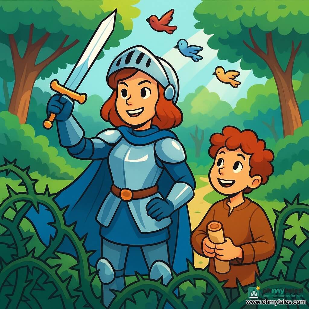 A knight, Sir Elenora, stands proudly at the center of the scene. She wears shining armor that glimmers in the sunlight, with a blue cloak flowing behind her. Her face is determined and brave, her eyes sparkling with excitement and wisdom. She brandishes a sparkling sword, ready to take on a challenge. Beside her is her squire, Finn, a twelve-year-old boy with curly hair and a mischievous smile, looking on with admiration. He holds a scroll in his hands, his eyes wide with enthusiasm. In the background, a dense and mysterious forest stretches out, with majestic trees and vibrant green leaves. Sunlight beams through the branches, illuminating the winding path leading to a clearing. The main scene shows Sir Elenora and Finn in front of a large wall of thorny brambles, their faces determined as they seek a way through. Colorful birds fly above them, adding a touch of magic to this adventure.