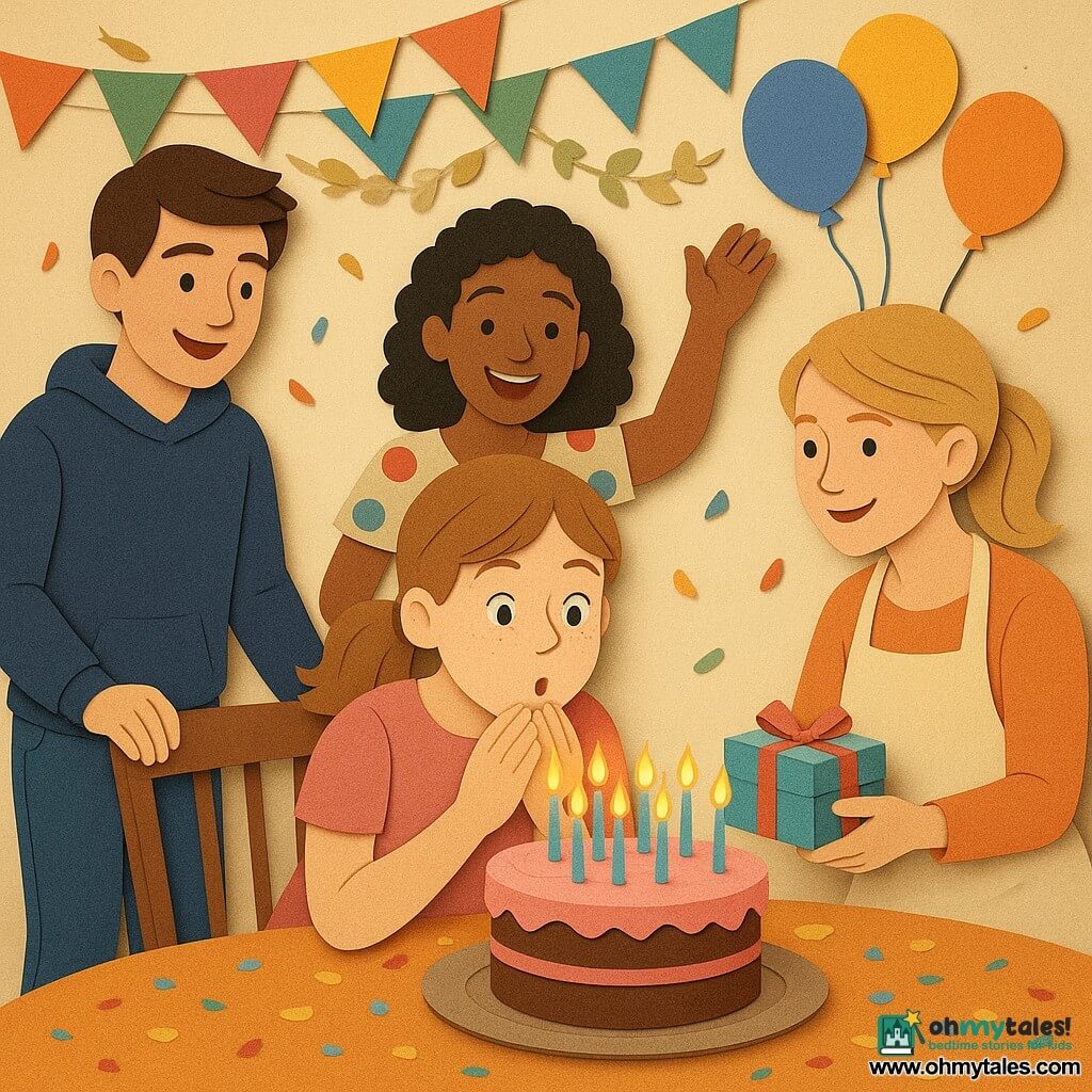 A 12-year-old girl with a round freckled face and light brown hair in a ponytail, eyes wide and joyful, blows out eleven candles on a large chocolate cake with pink icing, hands slightly clasped before her mouth. A friend about 12 with curly black hair and a mischievous smile stands behind her clapping, one arm raised, wearing a colorful polka-dot dress. A 14-year-old boy (her brother) with short brown hair and a teasing but fond expression stands left by the table with a hand on a chair, in jeans and a sweatshirt. A 35-year-old woman (the mother) with tied blond hair and a tender look kneels to the right holding a small gift box, wearing a light apron. The warm, bright living room has cream walls decorated with multicolored bunting and paper garlands, balloons on the ceiling, a large wooden table with a patterned cloth and confetti on the wooden floor. The scene captures a surprise birthday moment with friends and family applauding as the girl blows out her candles, like layers of paper cutouts with soft shadows and vivid colors.