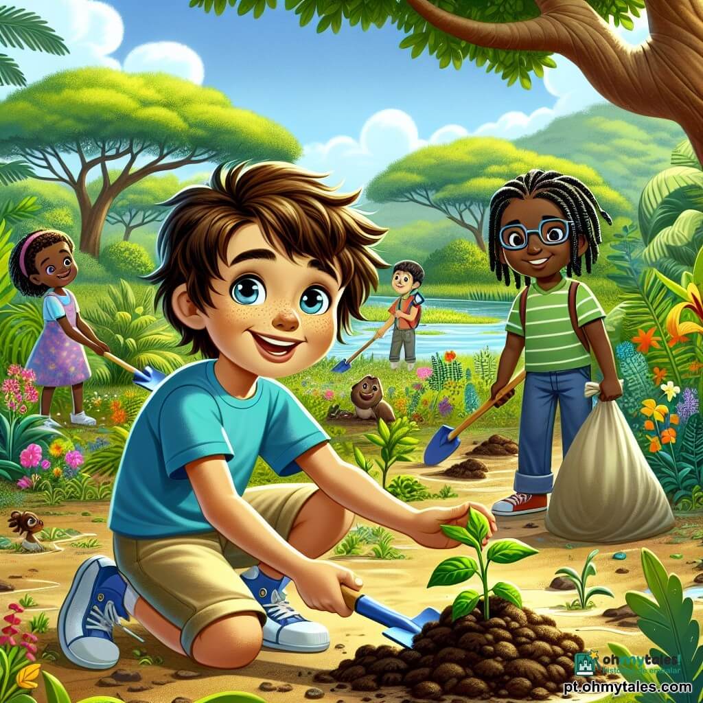 Um garoto de 12 anos, Tomás, com cabelos castanhos bagunçados e olhos brilhantes de curiosidade, está plantando uma pequena muda verde em um solo úmido. Ele usa uma camiseta azul vibrante e um short bege, e seu rosto expressa grande alegria e orgulho. Ao seu lado, sua melhor amiga, Sofia, uma menina de 11 anos com cabelos longos e loiros trançados, sorri segurando uma pá, pronta para ajudar. Ao fundo, um garoto de 12 anos, Lucas, com óculos e cabelos negros, recolhe lixo em um saco, exibindo uma expressão concentrada. O local é um pântano verdejante, cheio de plantas luxuriantes, flores coloridas e pequenos animais. Árvores majestosas cercam o pântano, com suas folhas brilhando à luz do sol. A cena principal mostra Tomás e seus amigos limpando e replantando vegetais, cercados de risos e uma atmosfera de camaradagem, enquanto cuidam da natureza.