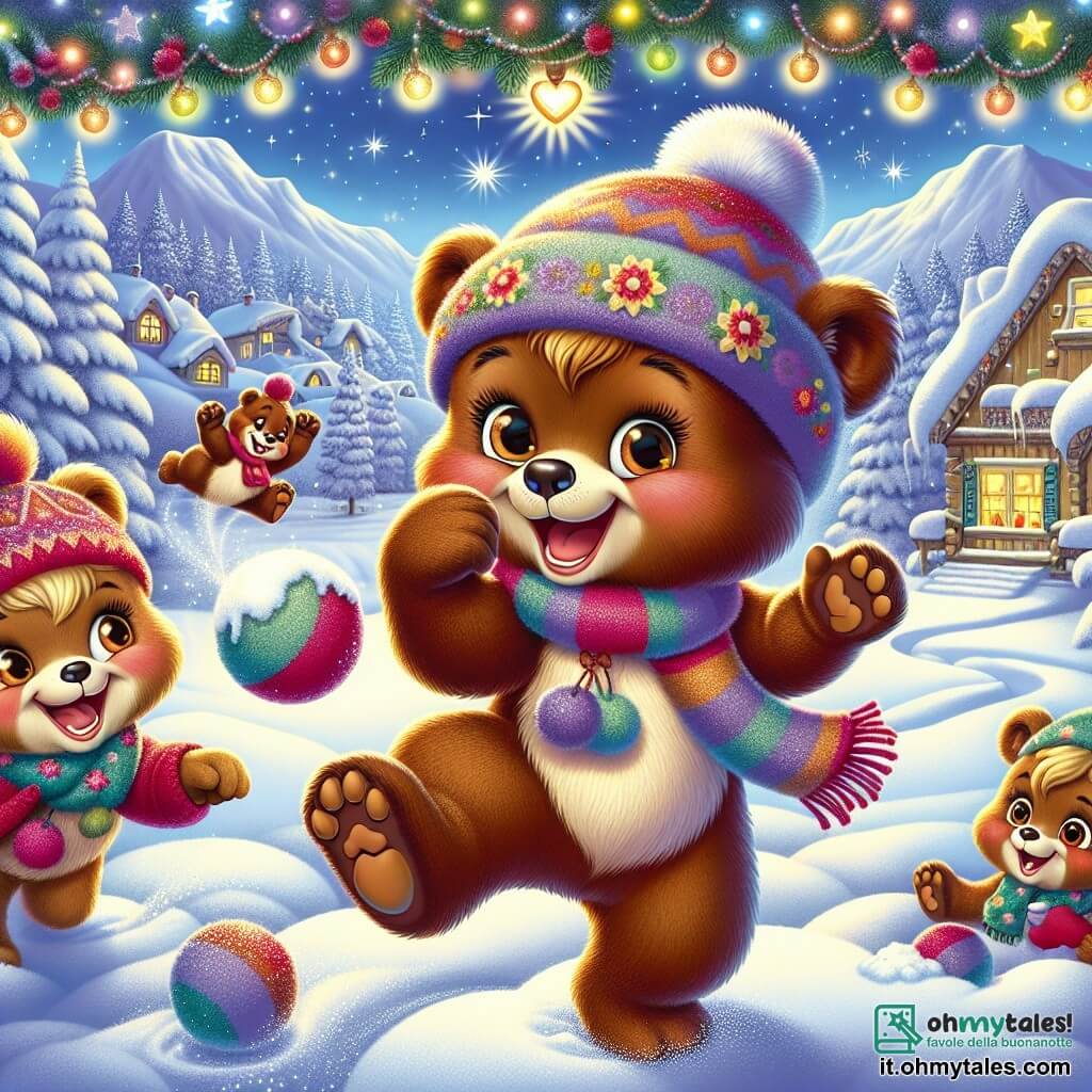 Al centro dell'immagine, un giovane orso bruno di nome Tobia, con un pelo morbido e occhi scintillanti di gioia, salta nella neve ridendo di felicità. Indossa una sciarpa colorata e un berretto di lana, con le zampe anteriori sollevate in aria, pronto a lanciare una palla di neve. Alla sua destra, Lilla, un'orsa bionda con un sorriso radioso e guance rosa, si prepara a lanciare una palla di neve. Indossa un berretto con pompon e una sciarpa rosa, i suoi occhi brillano di eccitazione. A sinistra, Ugo, un orso con una sciarpa rossa, ride a crepapelle, le braccia alzate, pronto a prendere una palla di neve lanciata da Tobia. Lo scenario è una deliziosa stazione montana, con case in legno decorate con luci, alberi di Natale carichi di neve scintillante e un cielo stellato che illumina la scena con una dolce luce blu. La situazione principale mostra Tobia e i suoi amici in piena battaglia di palle di neve, circondati da risate e gioia, creando un'atmosfera festosa e calorosa per celebrare il Capodanno.