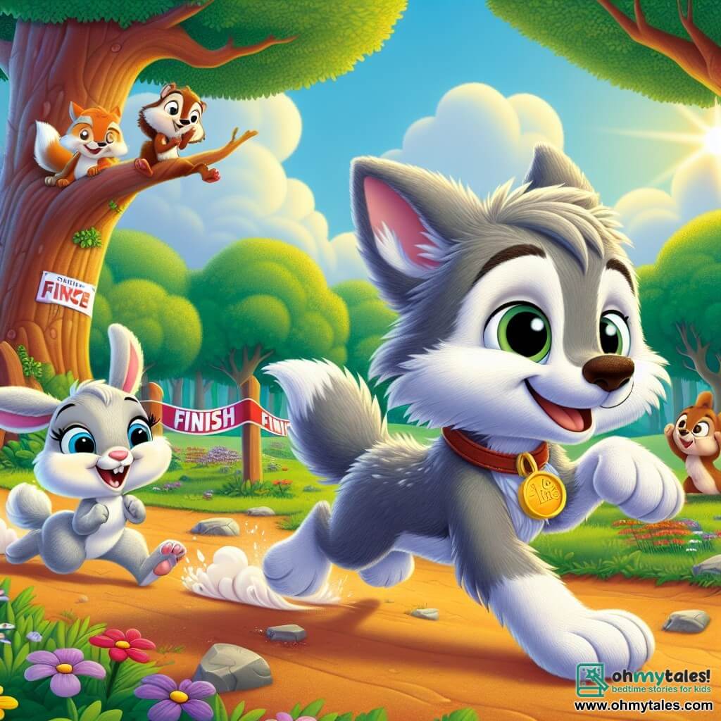 Wally, a small gray wolf with soft fur, big curious eyes, and a joyful smile, runs at full speed towards a finish line, his heart racing with excitement. Beside him, Bella, an adorable rabbit with large ears and white fur, jumps for joy, her eyes sparkling with encouragement, while Sammy, a clever squirrel with a bushy tail and agile paws, claps and smiles from a tree branch. The scene takes place in a sunny clearing surrounded by majestic trees and colorful flowers, with animals gathered around the finish line, all filled with the excitement of the race. Wally, determined and energetic, just stumbled over a small stone but quickly gets back up, ready to cross the finish line, illustrating the themes of perseverance and friendship.