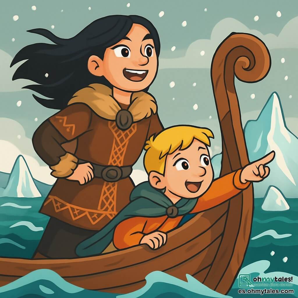 Una joven vikinga llamada Ylva, con largos cabellos negros al viento, se encuentra en un drakkar de madera tallada, su rostro iluminado por la determinación y el asombro. Lleva una túnica de piel marrón, adornada con motivos nórdicos, y sus ojos brillan de emoción mientras observa el horizonte. A su lado, su hermano Erik, un niño de 10 años con cabello rubio y mejillas sonrojadas por el frío, se inclina sobre el borde del barco, con los ojos muy abiertos, señalando un majestuoso iceberg que emerge de las aguas. Al fondo, un mar agitado se mezcla con icebergs brillantes bajo un cielo gris perla, mientras copos de nieve caen suavemente, creando una atmósfera mágica y misteriosa. La escena principal muestra a Ylva y Erik listos para enfrentar lo desconocido, cautivados por la belleza salvaje de su entorno, simbolizando el inicio de una aventura épica en las tierras nórdicas.
