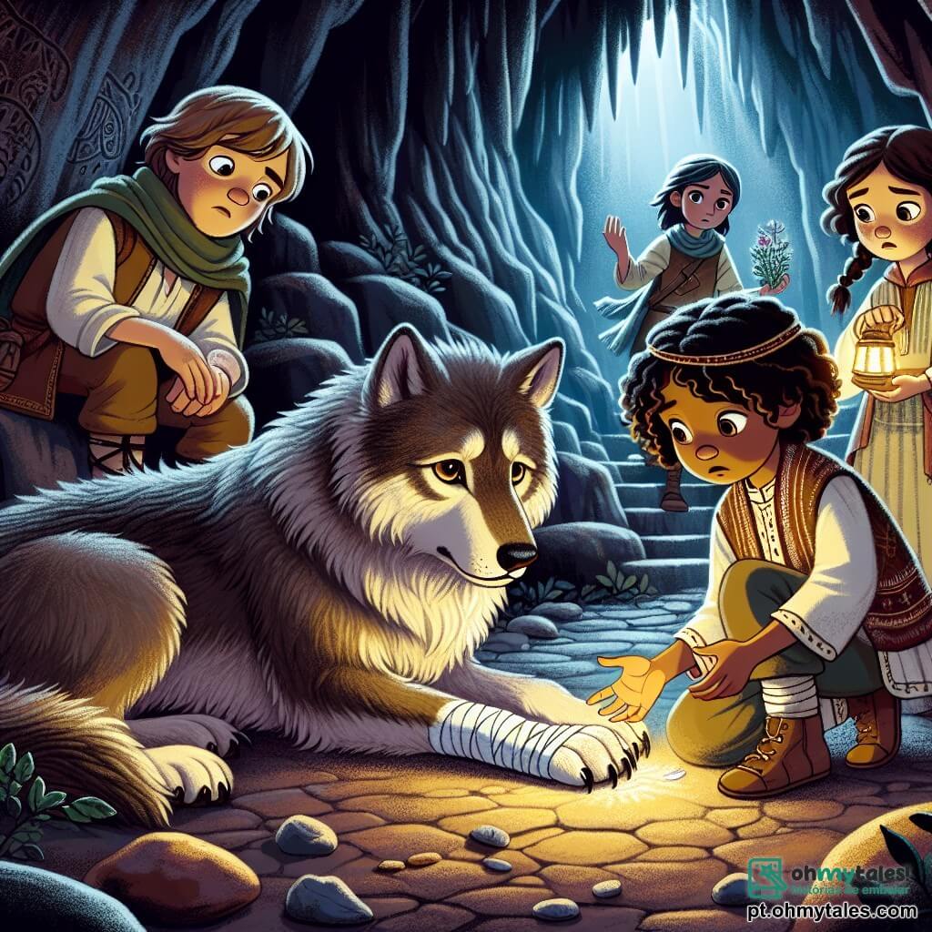 Em uma caverna escura e misteriosa, um velho lobo de pelagem acinzentada, com olhos sábios e tristes, está deitado no chão, sua pata ferida ligeiramente elevada. À sua direita, Lara, uma menina corajosa de 10 anos com cabelos castanhos e cacheados, se aproxima com um olhar determinado, segurando uma pequena lanterna que ilumina seu rosto. À sua esquerda, Tomás, um menino de 9 anos com cabelos castanhos e óculos, observa a cena atentamente com uma expressão preocupada, pronto para ajudar. Sofia, uma menina de 8 anos com cabelos loiros e trançados, está agachada perto do lobo, segurando ervas medicinais em suas pequenas mãos. Por fim, Miguel, um menino de 11 anos com cabelos negros e curtos, está um pouco atrás, de braços cruzados, mas com um sorriso encorajador, pronto para apoiar seus amigos. A caverna é adornada com desenhos antigos nas paredes, e estalactites pendem do teto, criando uma atmosfera mágica e um pouco assustadora. A situação principal mostra as crianças cuidando do lobo ferido, ilustrando um momento de compaixão e coragem, onde o medo se transforma em amizade.