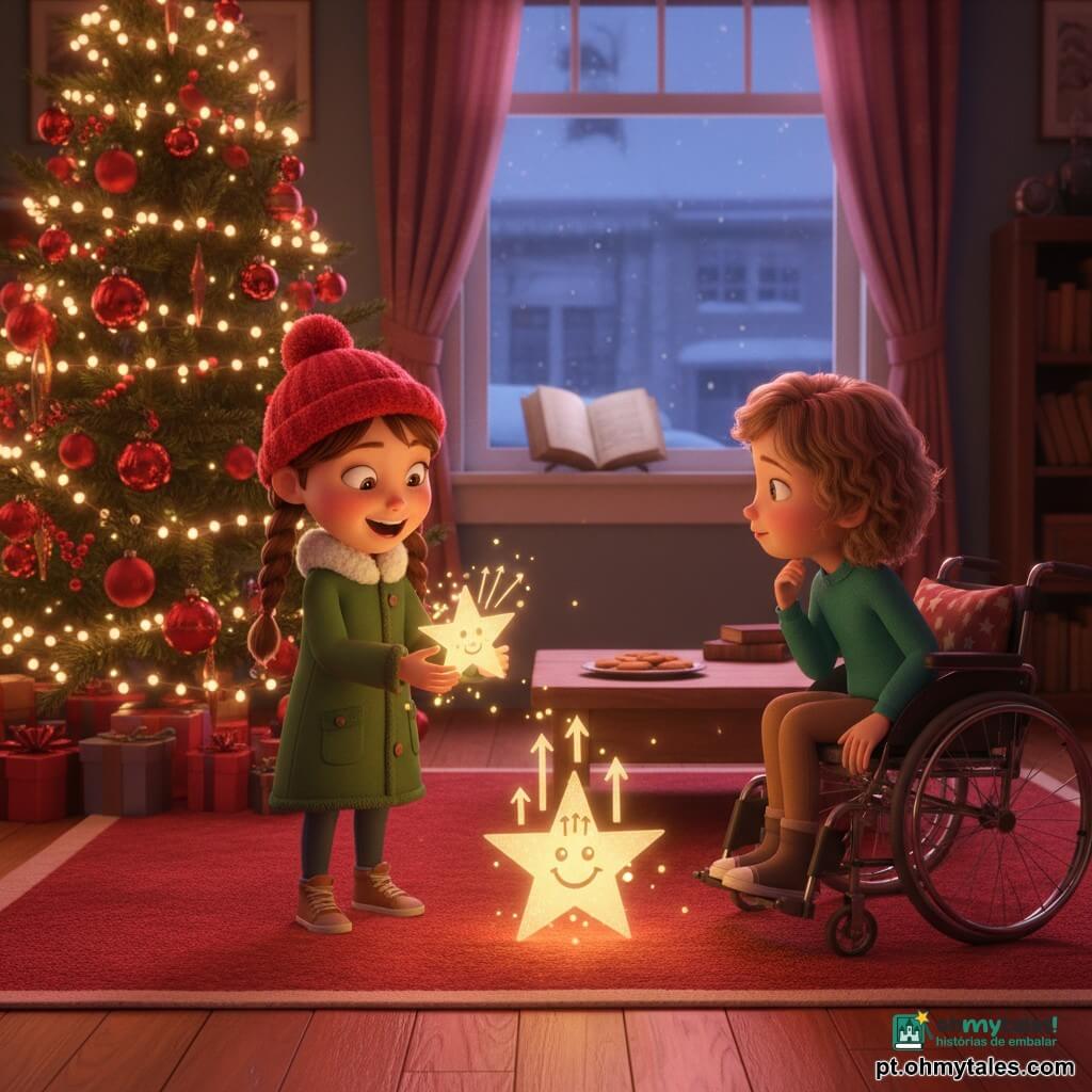 Há duas meninas quase com 8 anos: Bia, cabelos castanhos em tranças, gorro vermelho e casaco verde, em pé à esquerda junto à árvore de Natal, segurando uma pequena estrela de papel brilhante com olhos arregalados e grande sorriso; Lina, cabelos curtos e encaracolados, pele clara, sentada numa cadeira de rodas com almofada de estrelas à direita junto à janela, inclinando a cabeça como se escutasse e com uma mão na roda. O cenário é uma sala acolhedora ao anoitecer, chão de madeira, tapete vermelho, grande árvore decorada com bolas vermelhas e luzes amarelas cintilantes, janela com geada para uma rua nevada, mesa baixa com um prato de biscoitos e um livro antigo numa estante ao fundo. Uma pequena estrela de papel caiu do exterior e repousa no chão entre as meninas; a estrela traz o desenho de um sininho sorridente e três setas, faíscas douradas e linhas sonoras "tin-tin" mostram que é mágica; Bia a segura empolgada e Lina escuta atenta, em cena de luz quente, contrastes suaves e cores de Natal (vermelho, verde, ouro).