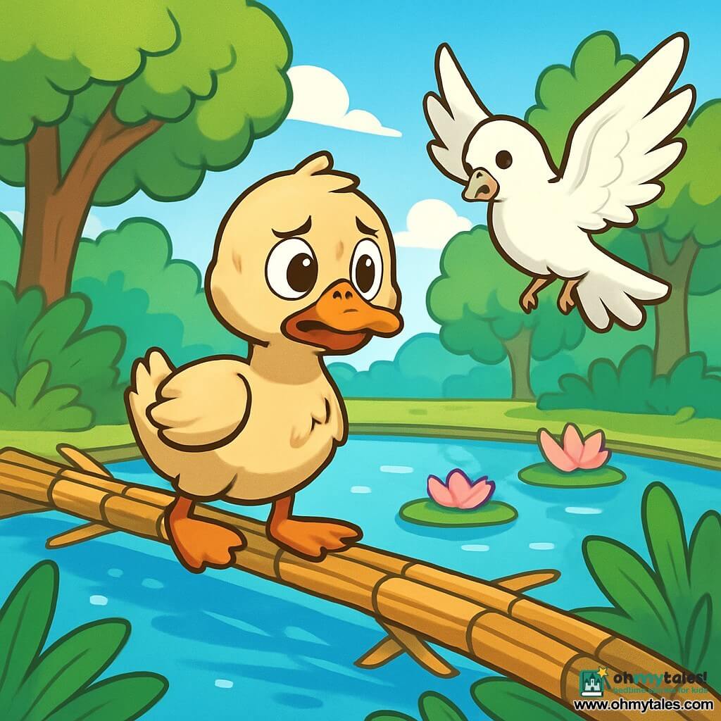 A light beige duck with bright, curious eyes stands on a delicate reed bridge, its expression a mix of determination and nervousness. Next to it, a dove with bright white feathers hovers slightly above the duck, ready to guide it. In the background, a shimmering pond reflects the blue sky, surrounded by tall trees with vibrant green leaves, while water lilies float gently on the surface. The scene captures the moment the hesitant yet brave duck prepares to cross the reed bridge, symbolizing its desire to overcome fears and learn to be courageous.
