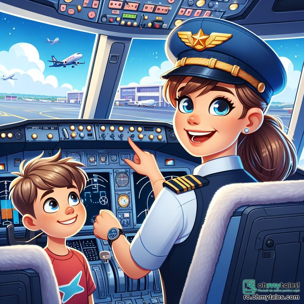 O pilotă pe nume Ana stă mândră în cabina unui avion, având o expresie de determinare și bucurie pe față. Poartă o uniformă de pilot albastră cu o șapcă împodobită cu o stea aurie, iar părul ei brun este prins într-o coadă de cal îngrijită. Ochii ei strălucesc de excitație în timp ce verifică instrumentele de zbor. Lângă ea, un băiețel pe nume Mihai, de aproximativ 8 ani, o observă cu uimire. Are părul castaniu în dezordine și poartă un tricou roșu cu un model de avion. Este așezat pe scaunul din dreapta, cu mâinile pe cotiere, având privirea fixată pe butoanele și ecranele din cabină. Scena are loc într-o cabină de avion modernă, cu instrumente de zbor colorate, ecrane luminoase și feronerie care oferă o priveliște spectaculoasă asupra unui cer albastru presărat cu câteva nori albi. În fundal, se observă pista aeroportului și avioane așteptând decolarea. Ana și Mihai se pregătesc pentru decolare, Ana explicându-i instrumentele lui Mihai, care este captivat de tot ce vede. Atmosfera este plină de entuziasm și aventură, simbolizând visul lui Mihai de a deveni pilot într-o zi.
