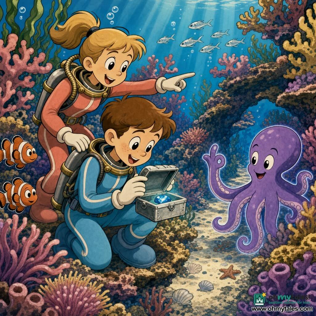 An 8-year-old boy with a round face, light freckles, short brown hair and wide amazed eyes, joyful and focused, wearing a light-blue wetsuit with white stripes, crouches on coral holding a shiny silver box; his ~13-year-old sister with a blond ponytail and encouraging smile in a coral wetsuit stands behind him, one hand on his shoulder and the other pointing toward the coral labyrinth; a friendly purple octopus with smooth tentacles and big expressive eyes floats to the right, greeting with a tentacle and a faint bioluminescent halo; two small orange-and-white clownfish swim left and a school of silver fish glints in the background; setting is a dense, colorful coral maze—pink, purple and yellow branches, waving anemones, green seaweed, pale sand and shell fragments, blue sunbeams through clear water and rising bubbles; the calm, wondrous moment centers on the boy having just opened the silver box to reveal a blue stone while sister, octopus and reef life watch affectionately, soft saturated colors and composition focused on the box and amazed faces.