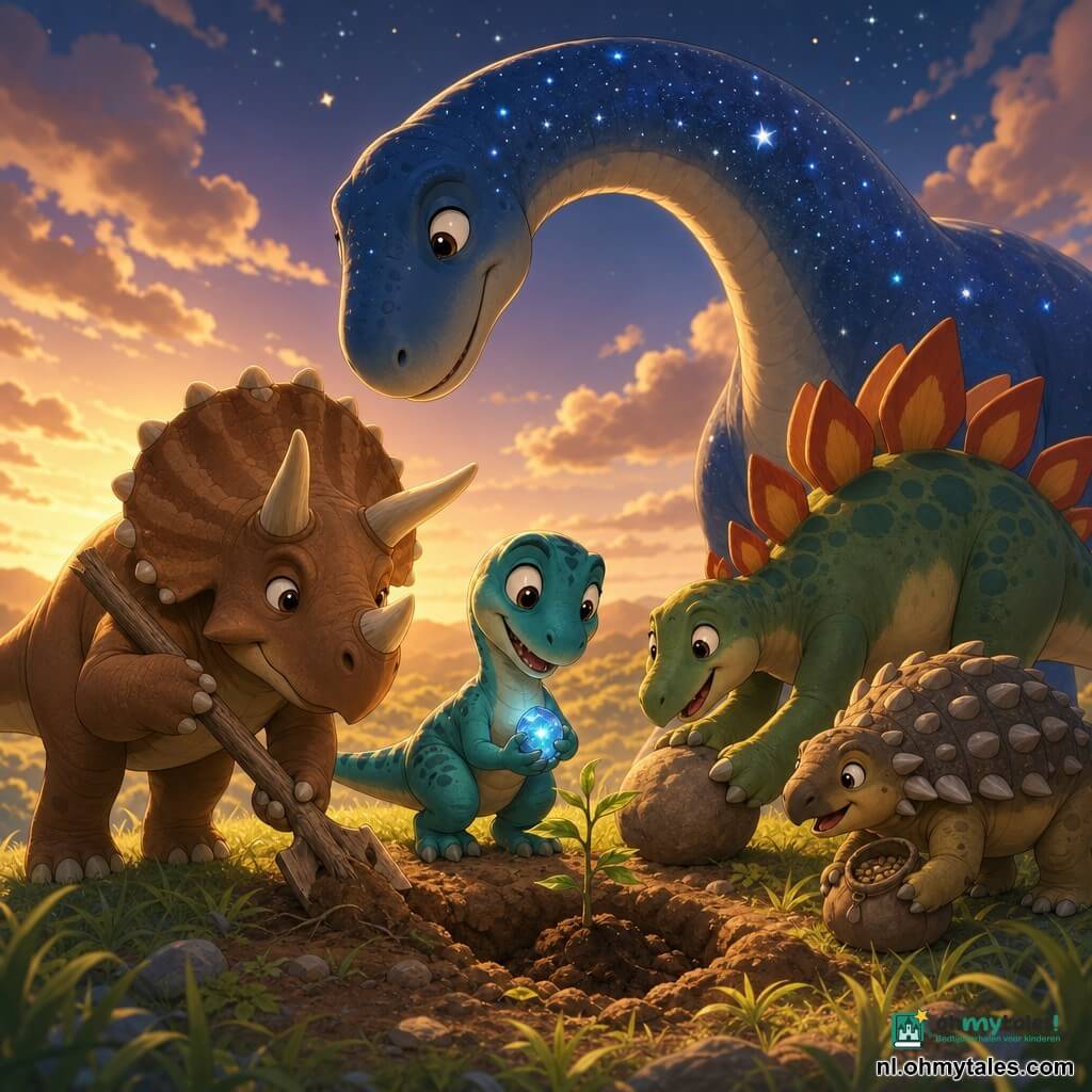 Een kleine velociraptor Velo, slank, turkooise schubben en crèmekleurige buik, grote ronde ogen, houdt tegen zijn borst een klein lichtgevend blauw steentje en graaft zacht een gaatje om een jong plantje te zetten; een robuuste, welwillende triceratops met bruin leer en crèmekleurige hoorns staat links met een dikke tak als schep en beschermt de groep; een grote sauropode "Sterdromer" met nachtblauwe licht gevlekte huid buigt zijn lange nek over Velo, zachte blik en sterrenlicht in zijn ogen; een stegosaurus met kleurrijke platen rechts, geconcentreerd en glimlachend; een gedrongen ankylosaurus met een klein zakje vol zaden bij Velo, klaar om zaadjes te leggen. Locatie: top van een klein grasheuveltje met hoog groen gras, zichtbare wortels, lichte jonge scheuten, zanderige aarde en enkele stenen, late namiddaghemel met wegglijdende wolken en opkomende sterren. Hoofdactie: de dino's vormen een beschermende kring tegen de wind, zingen en werken samen om zaailingen te planten; warme sfeer, zachte gouden gloed gemengd met het blauwe licht van het steentje, vreugdevol en hoopvol. Visuele stijl: 3D cartoon met cel-shading, felle contrasterende kleuren, eenvoudige silhouetten, zachte texturen en zeer leesbare, kinderlijke gezichtsuitdrukkingen.