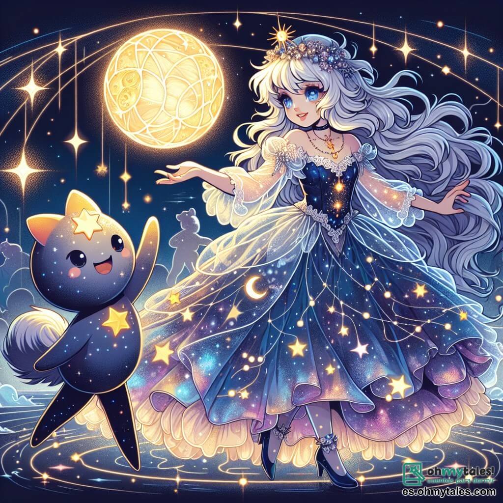 En el centro de la imagen está Luna, una joven de cabello plateado que brilla como estrellas, vestida con un vestido ligero de colores galácticos y patrones de nebulosas. Muestra una expresión de determinación y asombro, extendiendo la mano hacia un hermoso Cristal Cósmico que flota frente a ella, emitiendo una suave luz dorada. A su lado, Destello, una estrella danzante antropomórfica, es un pequeño personaje luminoso con brazos y piernas, sonriendo alegremente y animando a Luna. Flota ligeramente sobre el suelo, rodeado de chispas brillantes. El fondo es un espacio mágico lleno de luces centelleantes y caminos cambiantes, donde las estrellas brillan como faroles en la noche. El cielo es una mezcla de azul profundo y violeta, salpicado de constelaciones brillantes. La escena principal muestra a Luna tocando el Cristal Cósmico, rodeada de una aura mágica, mientras Destello la anima con entusiasmo. La atmósfera está llena de misterio y belleza, capturando la esencia de una aventura espacial fantástica.