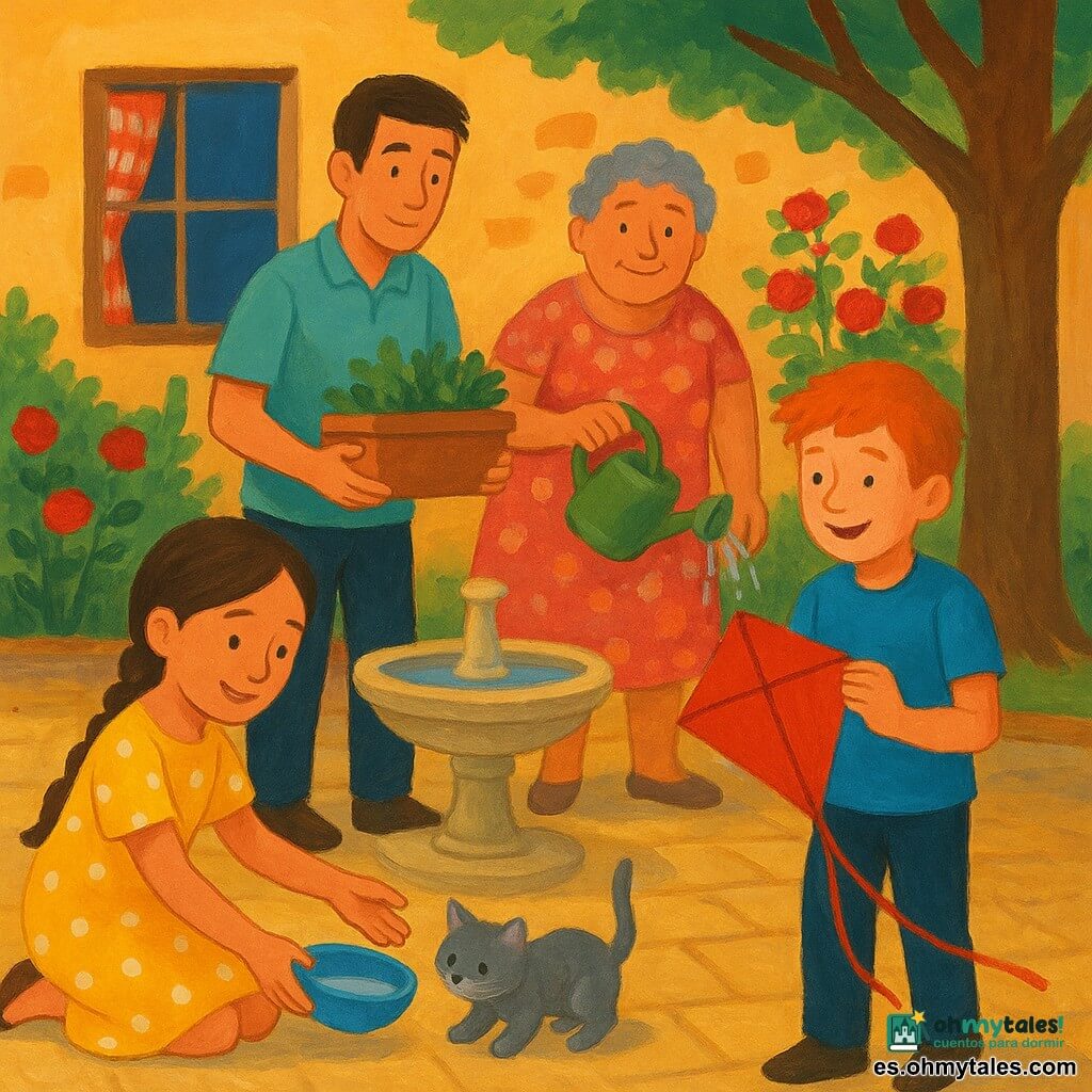 Lina, niña de 8 años, sonriente y concentrada, pelo castaño trenzado y vestido amarillo de lunares, arrodillada junto a un gatito gris mientras le ofrece un cuenco de agua; Leo, niño de 8 años, entusiasta, pelo corto y pelirrojo, de pie junto a un banco sosteniendo una cometa roja reparada; Sami, adolescente de 14 años, tímido pero orgulloso, con camiseta azul, detrás del banco ayudando a llevar una pequeña jardinera; la señora Carmen, mujer de unos 60 años, amable y de figura redondeada con vestido de flores, riega una planta desde el lado derecho del patio; el señor Nabil, hombre de unos 40 años, robusto y con camisa verde, sostiene una pequeña escalera apoyada en un árbol; todo ocurre en un luminoso patio de edificio con suelo empedrado, dos rosales rojos, una fuente baja de piedra, macetas de menta y una ventana con cortina a cuadros, con luz suave de final de la tarde, en una atmósfera cálida de pequeños gestos y sonrisas compartidas.
