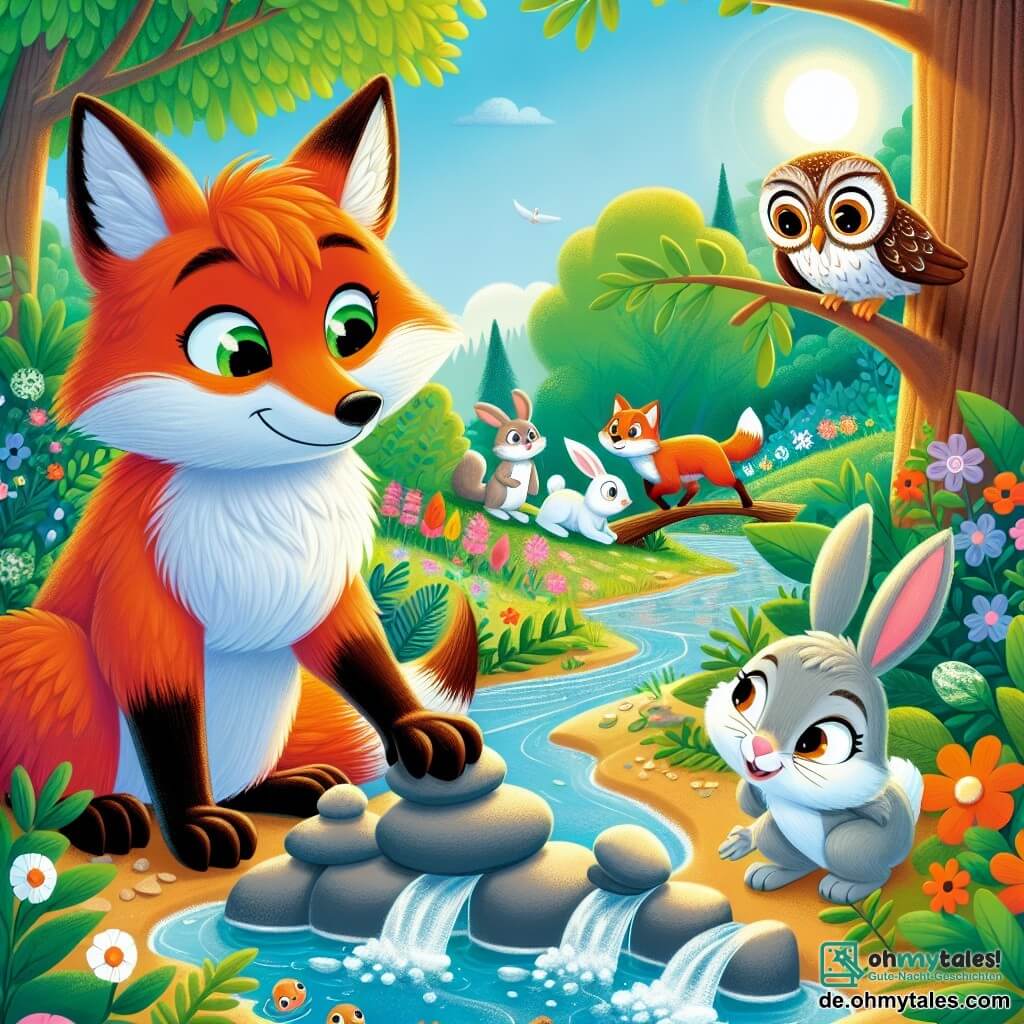 Ein schelmischer Fuchs namens Felix mit leuchtend orangefarbenem Fell, neugierigen Augen und einem entschlossenen Ausdruck steht am Rand eines kleinen Baches, bereit, seinen Freunden zu helfen. An seiner Seite schaut ein kleiner Hase namens Hoppy mit weißem Fell und großen Ohren besorgt auf den Bach, während eine weise Eule namens Ella mit braunen Federn und runden Augen von einem Ast aus die Szene mit besorgtem Blick beobachtet. Die Kulisse ist ein wunderschöner, grüner Wald, gefüllt mit bunten Blumen, majestätischen Bäumen und sanftem Sonnenlicht, das durch die Blätter filtert. Felix, der Fuchs, sammelt Steine, um eine Brücke zu bauen, damit seine Freunde den überfluteten Bach überqueren können, was den Geist von Hilfsbereitschaft und Abenteuer zeigt.
