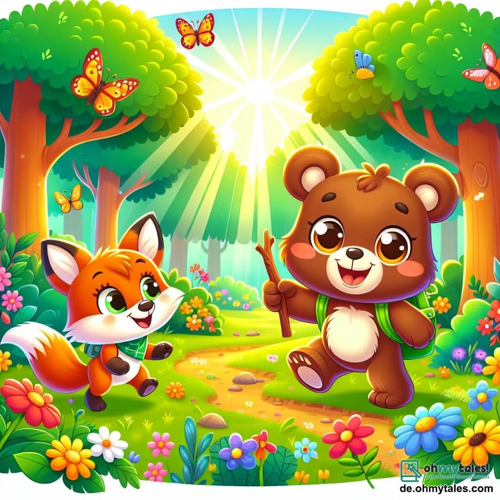 Ein kleiner brauner Bär mit funkelnden Augen und einem strahlenden Lächeln spielt auf einer sonnigen Lichtung, umgeben von bunten Blumen und großen grünen Bäumen. Er trägt einen kleinen Rucksack und hält einen Stock, bereit für ein Abenteuer. In der Nähe beobachtet eine schlaue Füchsin mit leuchtend orangefarbenem Fell und schelmischen Augen den kleinen Bären, mit einem verschwörerischen Lächeln im Gesicht, während sie fröhlich über den mit Blättern bedeckten Boden hüpft. Etwas weiter entfernt bereitet sich ein kleines Kaninchen mit großen weißen Ohren und rosigen Wangen, das aufgeregt aussieht, darauf vor, der Gruppe mit einer Karotte zu folgen. Die Szene spielt sich auf einer hellen Lichtung im Bärenwald ab, wo die Sonnenstrahlen durch die Baumäste filtern und Licht- und Schattenspiele auf den Boden zaubern. Bunte Schmetterlinge fliegen umher und verleihen der Umgebung einen Hauch von Magie. Der kleine Bär und seine Freunde spielen zusammen und stellen sich vor, Piraten auf der Suche nach einem versteckten Schatz zu sein, während sie lachen und ihre wunderschöne Waldlandschaft erkunden.