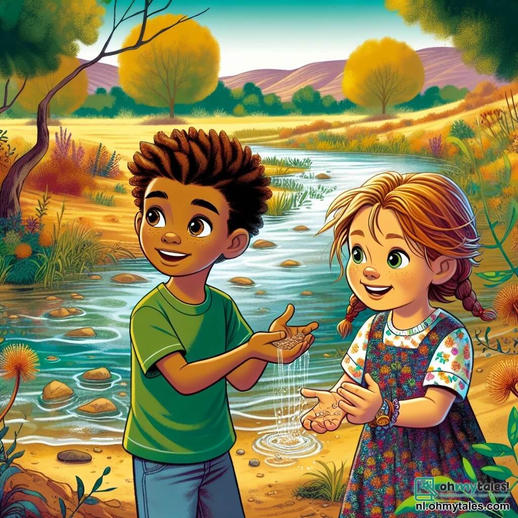 Een 9-jarig jongetje, Kasper, met rommelig bruin haar en nieuwsgierige ogen, staat aan de rand van een bijna uitgedroogde kleine rivier. Hij draagt een groen t-shirt en een denim short, en zijn gezicht straalt blije vastberadenheid uit terwijl hij hoopvol naar het water kijkt. Naast hem staat zijn beste vriendin Lisa, een 9-jarig meisje met gevlochten blond haar en een kleurrijke bloemenjurk, die kleine steentjes in het overgebleven water gooit, met een glimlach op haar gezicht ter ondersteuning van Kasper. Op de achtergrond is het park gevuld met door droogte vergeeld groen, met bomen met verwelkte bladeren en verwelkte bloemen, terwijl een heldere blauwe lucht zich boven hen uitstrekt. De scène toont Kasper en Lisa die hun ideeën bespreken om de natuur te helpen, omringd door een omgeving die hun hulp nodig heeft, wat het belang van collectieve actie tegen klimaatverandering symboliseert.