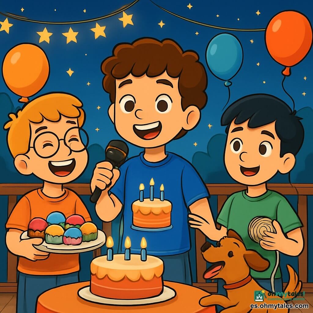 Hay 3 personajes: - Lucas: un niño de 10 años, con cabello castaño y rizado, que lleva una camiseta azul con un diseño de pastel de cumpleaños. Está en el centro, sonriendo, sosteniendo un micrófono y mirando a sus amigos. - Mario: un niño de 10 años, con cabello rubio y gafas redondas. Está a la izquierda de Lucas, riendo y sosteniendo un gran plato de pasteles coloridos. - Tomás: un niño de 10 años, con cabello negro y liso, que lleva una camiseta verde. Está a la derecha de Lucas, sosteniendo un ovillo de hilo para ayudar a decorar la terraza. El lugar es una hermosa terraza decorada con guirnaldas luminosas y globos coloridos flotando en el aire. Se puede ver un gran pastel de cumpleaños en el centro de la mesa, rodeado de pequeñas velas encendidas. En el fondo, el cielo es de un azul profundo, salpicado de estrellas brillantes. La situación principal de la historia muestra a Lucas, rodeado de sus amigos, dando un discurso alegre por su cumpleaños, mientras Max, el perro del vecino, se divierte tratando de atrapar un globo que se ha escapado. Las risas y la alegría se reflejan en los rostros de los niños, creando una atmósfera festiva y cálida.