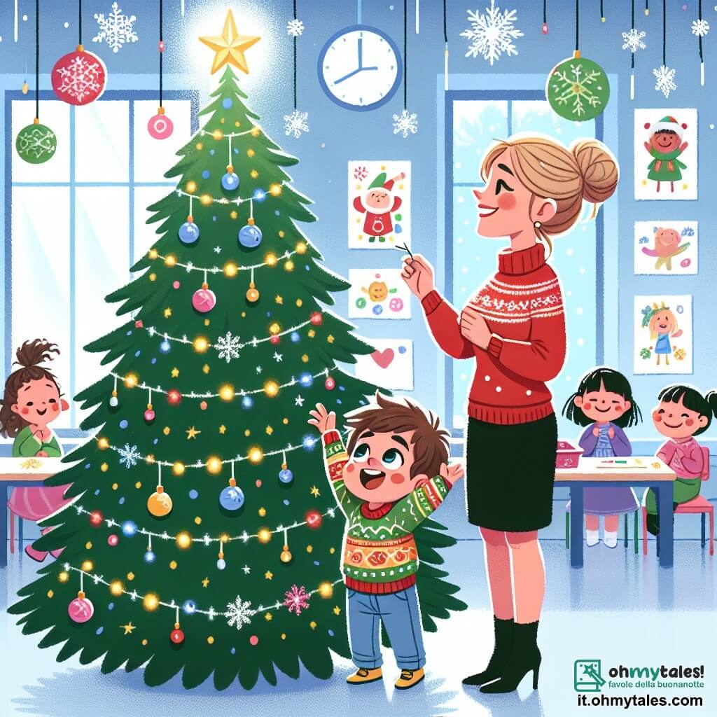 Un bambino di un anno, con capelli castani disordinati e occhi scintillanti di gioia, si trova davanti a un magnifico albero di Natale decorato con luci brillanti e palline colorate. Sorride con meraviglia, alzando le braccia in aria, come se volesse toccare la grande stella brillante in cima all'albero. Accanto a lui, un'insegnante di circa 30 anni, con i capelli biondi raccolti in un chignon, indossa un maglione rosso festivo. Sorride calorosamente guardando Luca, mentre tiene in mano una ghirlanda di Natale, pronta a decorare l'albero. Il contesto è un'aula luminosa, con pareti dipinte di azzurro chiaro, disegni di bambini appesi e fiocchi di neve di carta appesi al soffitto. L'albero di Natale, maestoso, si erge al centro, illuminato da ghirlande scintillanti. La scena principale mostra Luca, incantato dalla magia del Natale, che scopre la grande stella brillante che ha realizzato il suo desiderio, circondato dall'amore e dalla gioia dei suoi compagni e della sua insegnante.