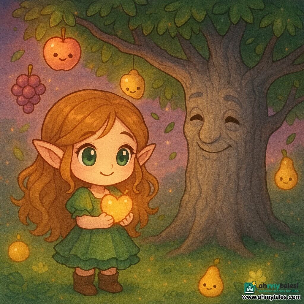 Lila, a joyful determined little elf with long honey-curled hair, bright emerald eyes and pointed ears, holds a heart-shaped glowing fruit to her chest and smiles reassuringly as the old wise oak Elderberry, a broad silver-trunked tree with gentle carved eyes, leans over her protectively; glowing fruits (rosy apples, pearly grapes, golden pears) float around in warm flickering light as the wind calms and leaves and lights drift down in an enchanted mossy orchard with hanging fruit-lamps, phosphorescent flowers and twilight purple-pink skies, the Heartfruit having just stilled the magical storm.