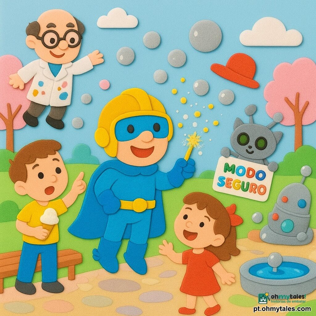 Um homem, Capitão Cometa, sorridente e tranquilizador, com capa azul-claro brilhante, capacete dourado com viseira e botas com pequenas asas, sopra suavemente "poeira de gravidade" cintilante de um frasco; o Professor Bolhazul, homem baixo de ~50 anos, atrapalhado mas gentil, veste jaleco branco manchado, óculos redondos grandes e segura um controlador enquanto flutua junto a uma grande bolha prateada; um menino de ~6 anos, surpreso e encantado, segura um sorvete de baunilha na casquinha e aponta para o céu; uma menina de ~5 anos ri e tenta pegar seu chapéu vermelho que flutua acima da cabeça, perto do Capitão; o drone-gato Zico, pequeno e redondo com olhos LED verdes, voa ao lado do Capitão carregando uma placa colorida "MODO SEGURO"; no Parque das Nuvens há caminhos pastel, bancos de madeira clara flutuando, árvores com folhas cor-de-rosa, uma fonte baixa e uma máquina prateada que sopra bolhas metálicas; bolhas prateadas e coloridas levantam objetos e chapéus, e o Capitão os faz descer com sua poeira brilhante, cena alegre, cores vivas, formas simples e contornos marcantes.