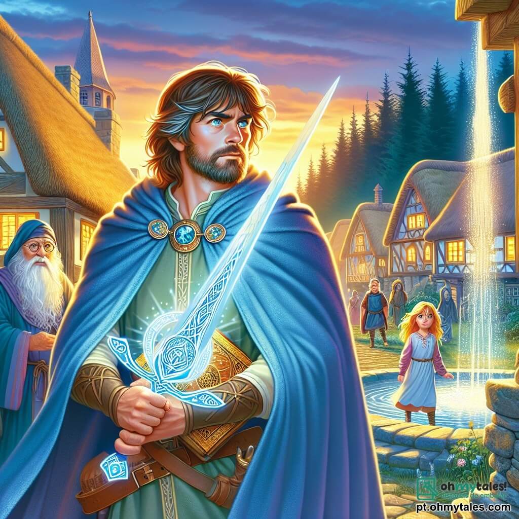 Um homem, Eldor, está no centro da cena, vestido com uma capa azul flutuante, com cabelos castanhos e olhos penetrantes. Seu rosto expressa determinação e coragem, enquanto empunha uma espada rúnica cintilante, iluminada pela luz da manhã. À sua direita, uma jovem de cerca de 12 anos, chamada Lyra, com cabelos dourados e olhos verdes brilhantes, observa a floresta com curiosidade, segurando um pequeno livro antigo. À sua esquerda, um velho, o sábio da aldeia, com uma longa barba branca e óculos redondos, está ao fundo, de braços cruzados, exibindo uma expressão de preocupação. A cena ocorre na praça central de uma aldeia medieval, cercada por casas de pedra com telhados de palha, com uma grande fonte no centro, onde a água brilha sob o sol nascente. Ao fundo, a silhueta ameaçadora da floresta de Argal se ergue, com árvores escuras e retorcidas, criando uma atmosfera misteriosa. Eldor, pronto para se aventurar na floresta, sente uma tensão palpável no ar, enquanto Lyra, fascinada, folheia seu livro em busca de pistas sobre as criaturas sombrias. O sábio, preocupado, murmura advertências sobre os perigos que os aguardam, acrescentando um toque de gravidade à atmosfera.