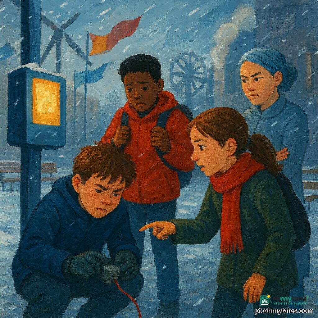 Um garoto de 12 anos, Tomás, ansioso mas concentrado, rosto redondo com sardas, cabelo castanho bagunçado, casaco azul-marinho; agachado a retirar delicadamente um pequeno dispositivo metálico junto a um painel, luvas, olhos semicerrados. Uma menina de 12 anos, Inês, atenta e encorajadora, cabelo castanho preso em rabo-de-cavalo, cachecol vermelho, de pé ao lado de Tomás, apontando e com olhar fixo no fio do dispositivo, postura ligeiramente protetora. Um rapaz de ~13 anos, Nico, culpado e aliviado, casaco vermelho vivo, mochila cheia de fios, mãos segurando a alça, alguns passos atrás de Tomás com o olhar baixo. Uma mulher adulta, Safira, engenheira, calma e séria, cabelo grisalho-azulado preso com presilhas metálicas, bata cinza; supervisiona de perto com braços cruzados perto de uma porta. Local: grande praça urbana no inverno, chão de pedra com fina camada de neve soprada pelo vento, bancos metálicos, arquibancadas de madeira, estrutura metálica de turbinas ao fundo, bandeiras coloridas esvoaçando e colunas com vapor saindo. Situação: momento tenso durante tempestade de neve oblíqua — Tomás remove um pequeno aparelho ligado a um painel eletrônico, Inês vigia, Nico observa envergonhado, Safira monitora; atmosfera de urgência calma com vapor visível e luzes de um painel piscando. Estilo: gouache com cores saturadas e texturas suaves, pinceladas visíveis, contrastes quentes (cachecol e casaco vermelhos) contra azuis frios da neve e cinza metálico das turbinas, composição centrada nas mãos de Tomás e no pequeno dispositivo.