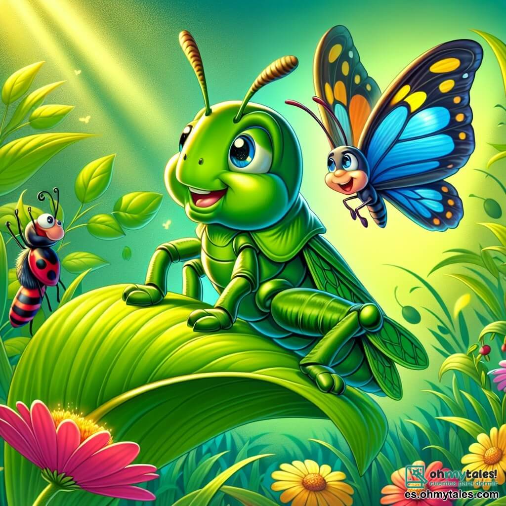 Un pequeño saltamontes verde brillante, con grandes antenas y ojos llenos de determinación, está sobre una hoja verde brillante, listo para saltar. Su expresión refleja confianza y emoción, con sus patas traseras bien posicionadas para un gran salto. Cerca, una mariposa colorida con alas brillantes de azul y amarillo sonríe con ánimo, sus ojos reflejando orgullo. Vuela ligeramente sobre el suelo, lista para aplaudir a su amigo. Un pequeño escarabajo rojo con rayas negras está sobre una piedra, levantando sus patas en señal de aliento, su rostro radiante de alegría. El escenario es un prado verde, salpicado de flores multicolores, donde el sol brilla suavemente, iluminando las hojas y creando sombras danzantes en el suelo. La situación principal muestra al pequeño saltamontes preparándose para un salto audaz, rodeado de sus amigos que lo animan, ilustrando el tema de la confianza en uno mismo y la amistad.