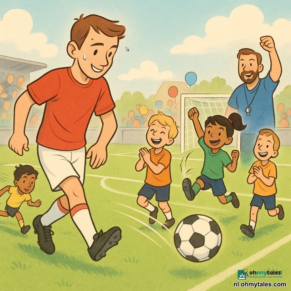 Een jonge man (20–25 jaar) met kort bruin haar, rood shirt en witte short, geconcentreerd lachend terwijl hij de bal met rechts passt; rechts Lucas (~10) blond, lachend en klappend klaar om te ontvangen; Amir (~11) met een donkere huid rennend en vervaagd in snelheid links achter de man; Jade (~10) met zwart paardenstaart voor het doel, arm omhoog en uitgestrekte been alsof ze net heeft geschoten, blij gezicht; coach M. Ben (~40) in blauw aan de zijlijn met fluit en opgeheven vuist; groene grasveld met nette witte lijnen, klein wit doel met licht vervormd net, lage tribunes met enkele ouders en ballonnen, zachtblauwe lucht met wolkjes; hoofdmoment: beslissende pass—bal in de lucht tussen de man en Jade met actielijnen, spelers glimlachend en klappend, vrolijke teamsfeer; visuele stijl: heldere pasteltinten, nette zwarte contouren, overdreven vriendelijke gezichten en zachte schaduwen, licht vogelperspectief gericht op de baltraject.