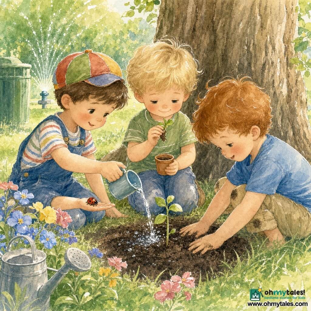 There are three boys, almost 3 years old: Sam (short brown hair, small colorful hat) on the left holding out his right hand with a red-and-black ladybug on his palm and pouring a small stream of clear water from a cup; Eli (blond tousled hair, shy smile) in the center holding a small terracotta pot and a seedling; Max (red hair, dirt-stained knees) on the right crouched, tamping the dark, moist soil with his hands. They are planting a seed together near a large rough tree trunk in a sunny park with tender green grass; a green trash bin is to the left, colorful flowers (blue, yellow, pink) sit by a metal watering can, and a small sprinkler sends sparkling droplets, creating gentle splashes and a joyful, calm atmosphere.