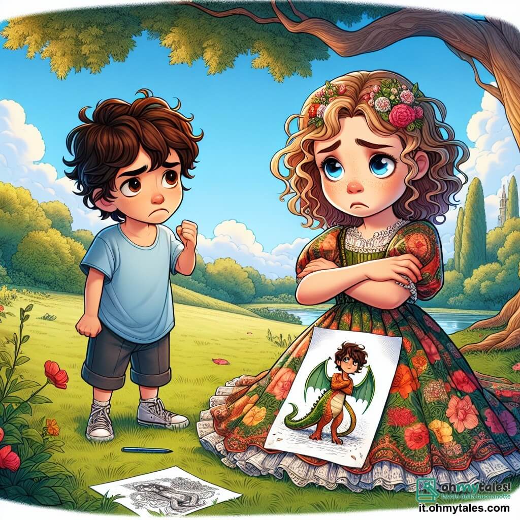 Una ragazza di 8 anni, Sofia, con capelli ricci e castano chiaro, indossa un vestito colorato a fiori e mostra un'espressione di tristezza sul viso, con gli occhi leggermente lucidi mentre si trova in un parco verde. Accanto a lei, il suo amico Marco, un ragazzo di 8 anni con capelli castani e corti, indossa una maglietta blu e pantaloni corti, la guarda con un'espressione di delusione, le braccia incrociate, in piedi sull'erba, con un disegno di drago in mano. Sullo sfondo, un grande albero con rami estesi e un cielo blu punteggiato di nuvole bianche creano un'atmosfera tranquilla ma carica di emozione. La situazione principale mostra Sofia che si scusa con Marco, rendendosi conto dell'importanza della verità dopo aver mentito sull'esistenza di un drago.
