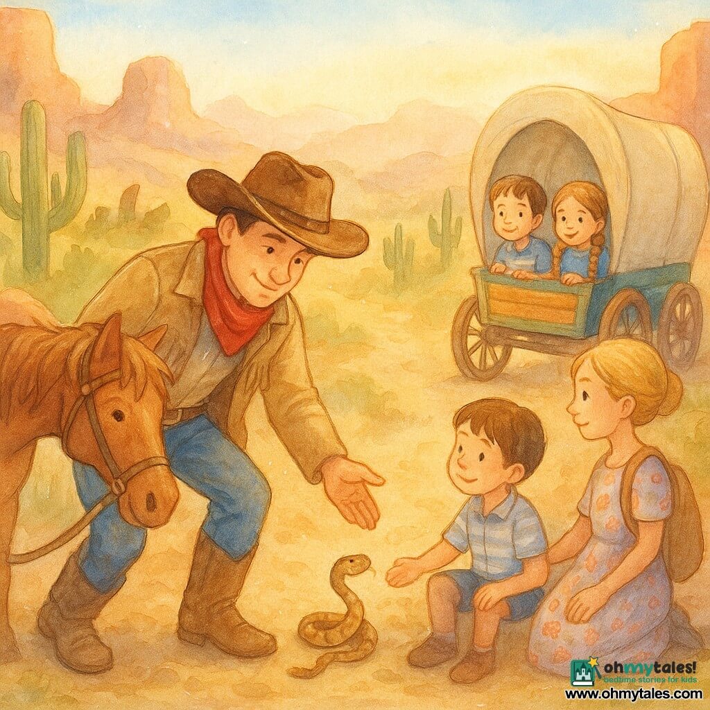 A smiling but focused cowboy in a brown hat, beige leather jacket, red scarf and dusty boots dismounts and calmly reaches to push a small rattlesnake out of the path; Miss Lily, the teacher with blond hair in a bun, a floral dress and a canvas school bag, watches relieved from the trail edge; a 7-year-old boy with brown hair and a striped shirt holds the hand of a 6-year-old girl with braided hair in a blue dress as they sit in a small colorful cart behind the cowboy, admiring him; a chestnut horse named Dusty with a slightly rumpled mane stands tied to the cowboy, breathing softly and protective; the rocky canyon setting has sharp green cacti, red rocks, long shadows, golden dust and a small bush hiding the snake, and the scene shows the cowboy protecting the children by gently driving the snake away while the cart waits in warm sunlight and a reassuring atmosphere.