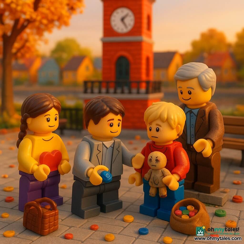 A man named Milo, round-faced with short brown hair, calm and slightly smiling, wears a light gray coat, squats before a group of children holding a closed small notebook and a blue button in his palm. An about-8-year-old boy, Tom, with tousled blond hair and a shy, flushed face, stands by a bench holding a patched doll and a bag of buttons, looking at Milo with shame and relief; an adult man, Mr. Pine, in his fifties with gray hair and a tweed jacket, stands behind him with a reassuring hand on Tom’s shoulder. A smiling tender 6-year-old girl with two braids holds a small paper heart near a school basket. The scene is a reconciliation in a paved schoolyard beneath a large red-brick clock tower with black iron balustrades, wooden benches and a river visible between colorful houses; soft evening light, falling leaves and scattered small colorful buttons on the ground. The children form a circle as Milo shows the recovered button and listens to Tom’s apology; warm peaceful atmosphere, LEGO diorama style with visible brick textures, vivid colors and golden late-afternoon lighting.