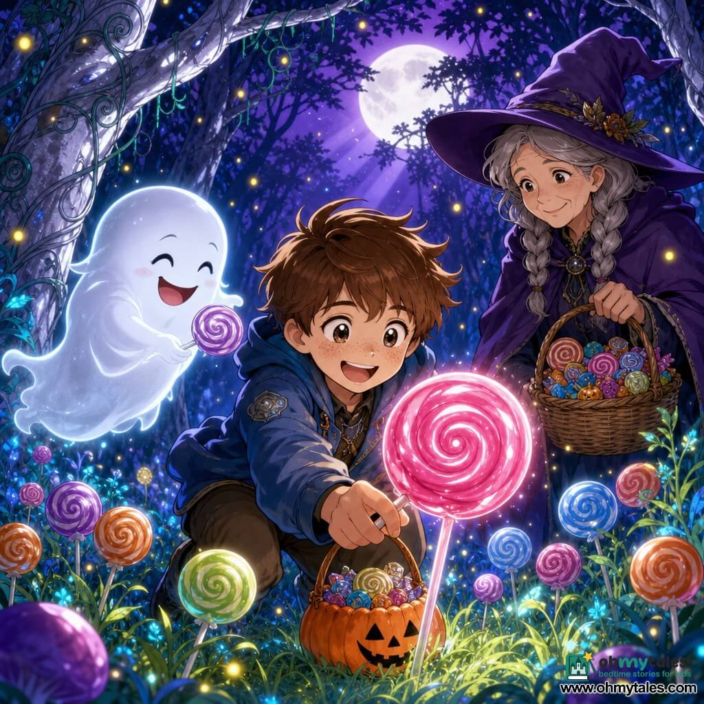 A 10-year-old round-faced freckled boy with short brown hair and bright wide eyes smiles in wonder as he holds an orange pumpkin bag and picks colorful lollipops like flowers; a friendly translucent white ghost named Boo with soft edges and laughing eyes floats at the boy’s shoulder offering a lollipop; a kind ~50-year-old witch with a purple pointed hat and braided gray hair stands a few steps behind with a basket of treats, smiling; they are in a dense enchanted forest of gnarled trunks and silver bark, glowing vines and a clearing of bioluminescent grass studded with giant multicolored lollipops under a deep violet twilight sky with silver moonbeams and tiny yellow fireflies; the main focus is the boy picking a giant pink lollipop in the center of the clearing, bathed in a soft glow, expression of pure wonder and joy; manga-style crisp linework, vivid contrasting colors, soft textures, warm magical atmosphere, composition centered on the trio.