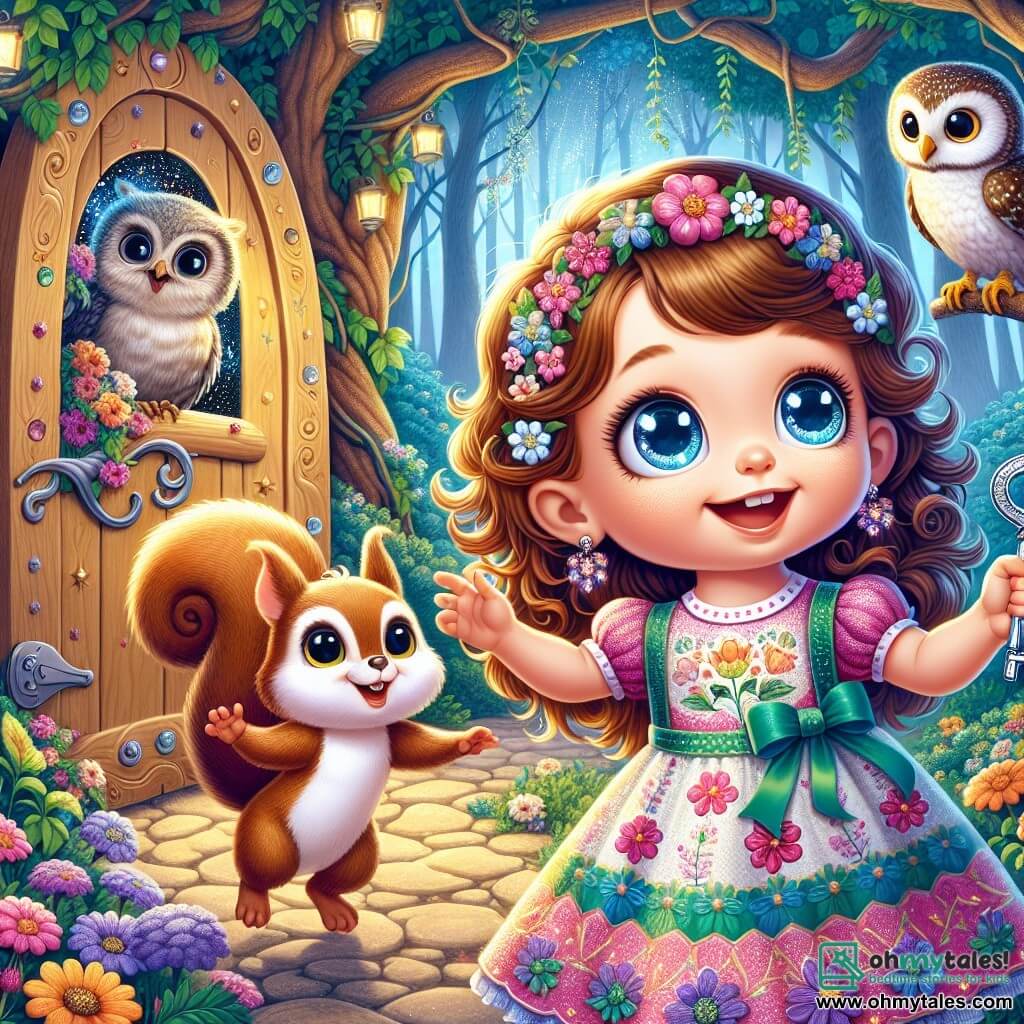 A 4-year-old girl named Lila, with sparkling big eyes and curly hair, is wearing a colorful flower-adorned dress. She smiles in wonder, holding a shiny key in her small hands, standing in front of a large wooden door covered in vines. Beside her, a mischievous squirrel named Sammy, with brown fur and a bushy tail, jumps for joy, his little paws raised in the air. In the background, a wise old owl named Bella, with gray feathers and round eyes, perches on a branch, observing the scene with curiosity. The setting is a magical forest, where majestic trees have shimmering leaves and multicolored flowers dance in the wind, while a sparkling stream winds through the ground. The main situation shows Lila and Sammy in front of the mysterious door, ready to unlock it with the magical key, surrounded by the enchanted beauty of the forest.