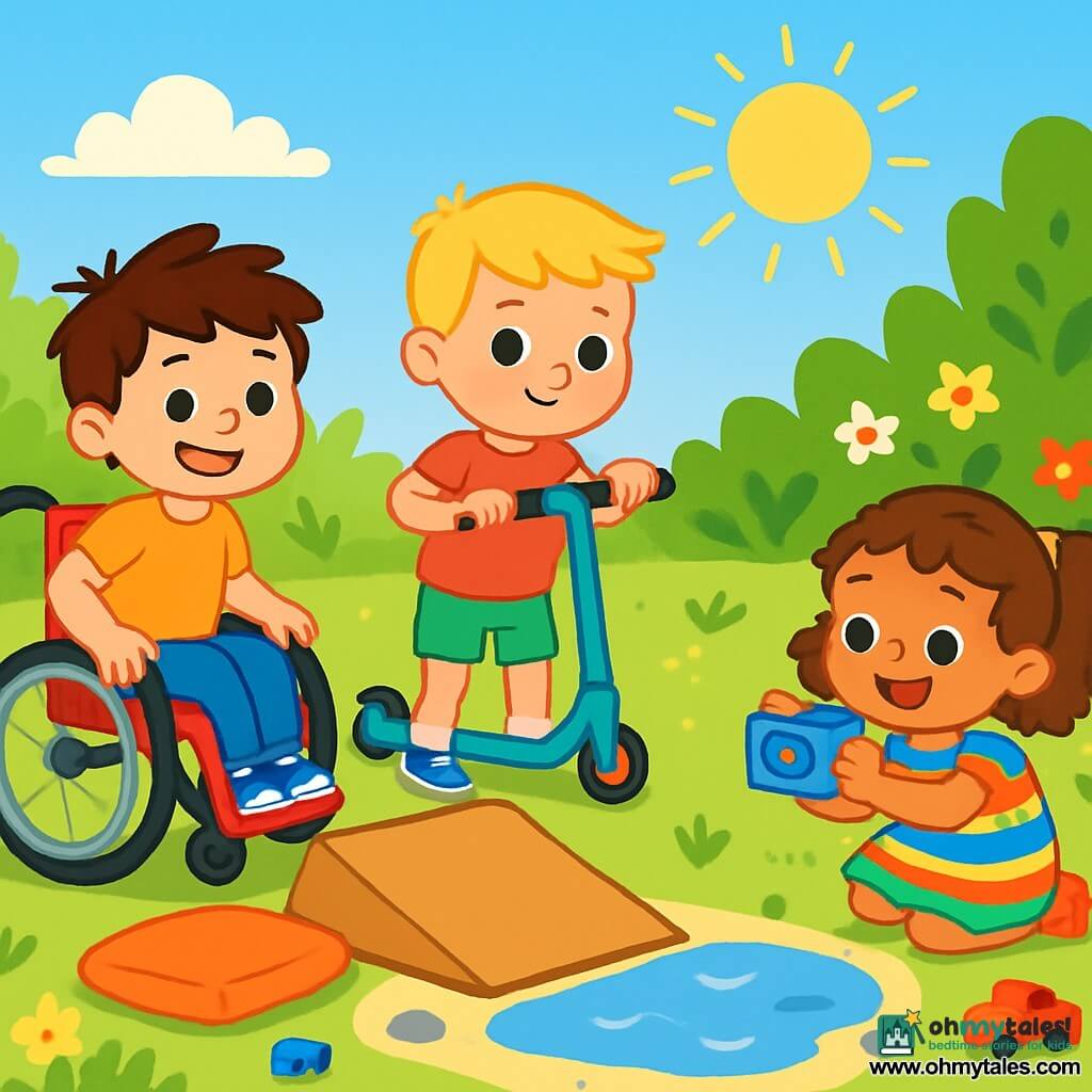 There are three characters: Sam, a nearly 3-year-old boy with messy brown hair and a big smile, sitting in a shiny red wheelchair with his hands on the wheels, ready to move forward; Ben, a nearly 3-year-old boy with blond hair and sparkling eyes, standing next to his scooter with a determined expression, wearing blue sneakers; and Mia, a nearly 3-year-old girl with curly hair in a colorful dress, crouched on the ground holding a small camera, ready to capture the moment with a big smile. The setting is a sunny garden filled with vibrant flowers and lush greenery, with a large puddle in the center shining in the sun, surrounded by small pebbles and scattered toys. Sun rays illuminate the joyful faces of the children, creating a warm and friendly atmosphere. The main scene shows the children building a ramp with found objects like a cardboard box and a cushion, with Sam pushing his wheelchair towards the ramp, Ben preparing to jump with his scooter, and Mia ready to take a photo, all laughing together in a joyful and friendly atmosphere.